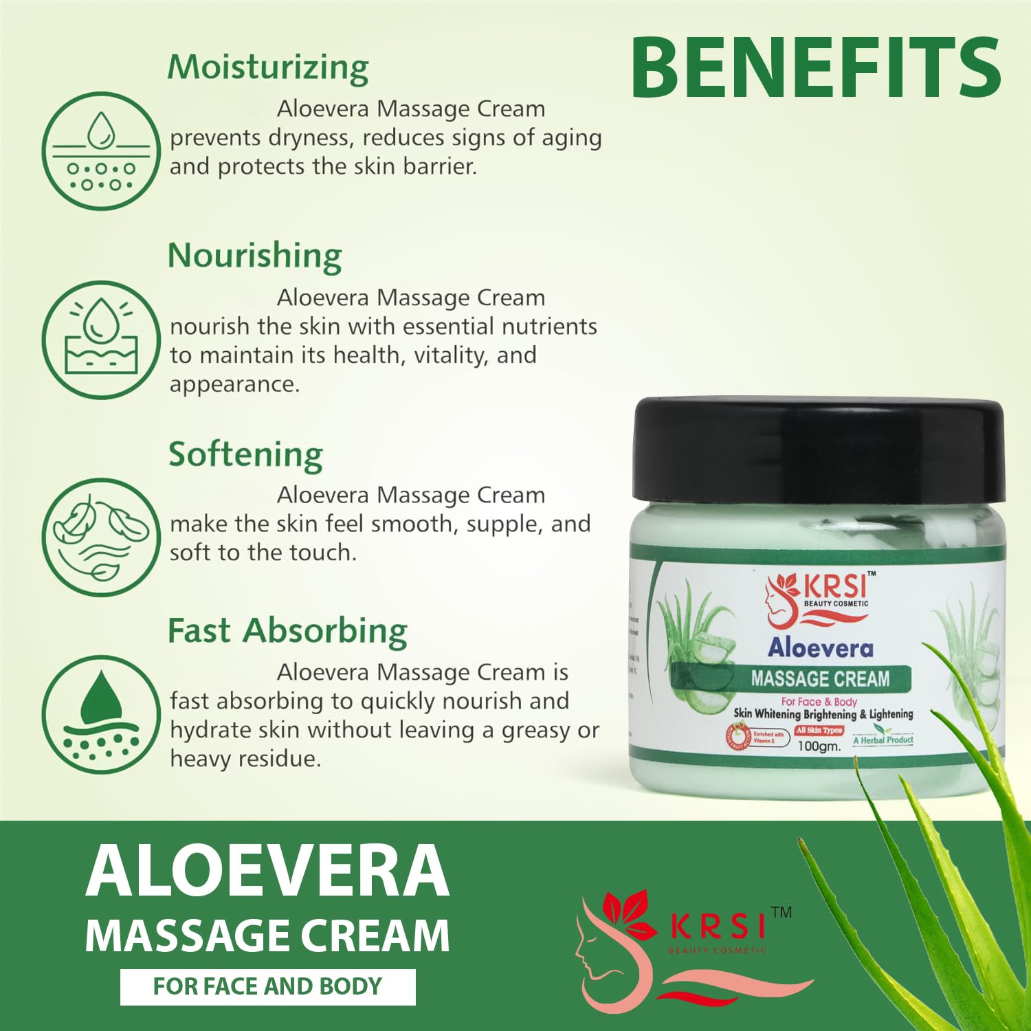 KRSI Aloe Vera Massage Cream for Face & Body, Skin Whitening & Brightening, 100gm 1
