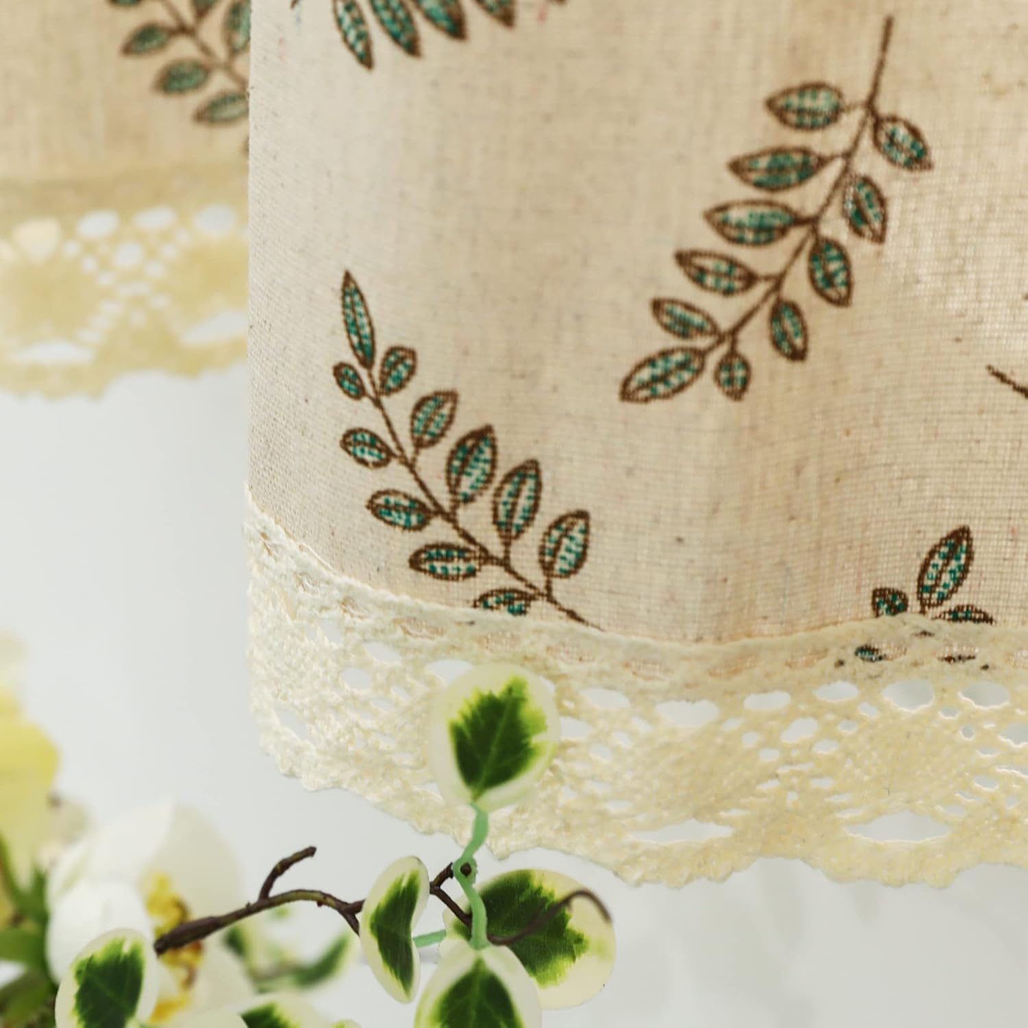 1 Pcs Beige Retro Curtain Cotton Linen Semi Sheer Privacy Window Treatment Rod Pocket Farmhouse Curtain with Lace Hem, 56 by 62.9 Inch Green Leaves 56"W x 62.9"L (Pack of 1) Green Leaves