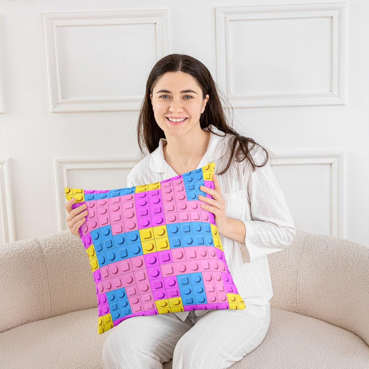 Feelyou Building Blocks Square Cushion Covers Set of 2 Reversible Throw Pillow Covers Brick Pillow Covers Home Decor 22 x 22-Inch Pink Blue Yellow