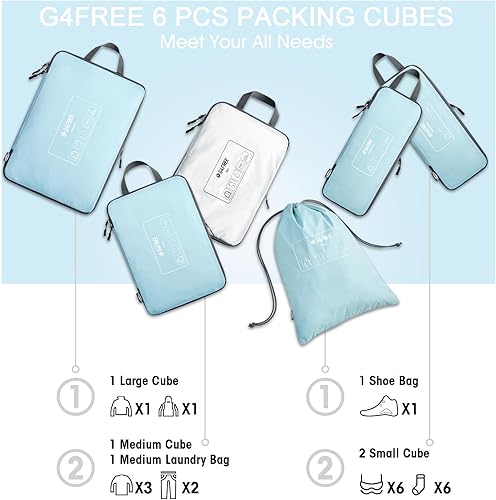 Miniatura 5 de G4Free Juego de 6 cubos de equipaje para viajes, bolsas organizadoras de equipaje para accesorios de viaje, artículos esenciales de viaje, cubos de
