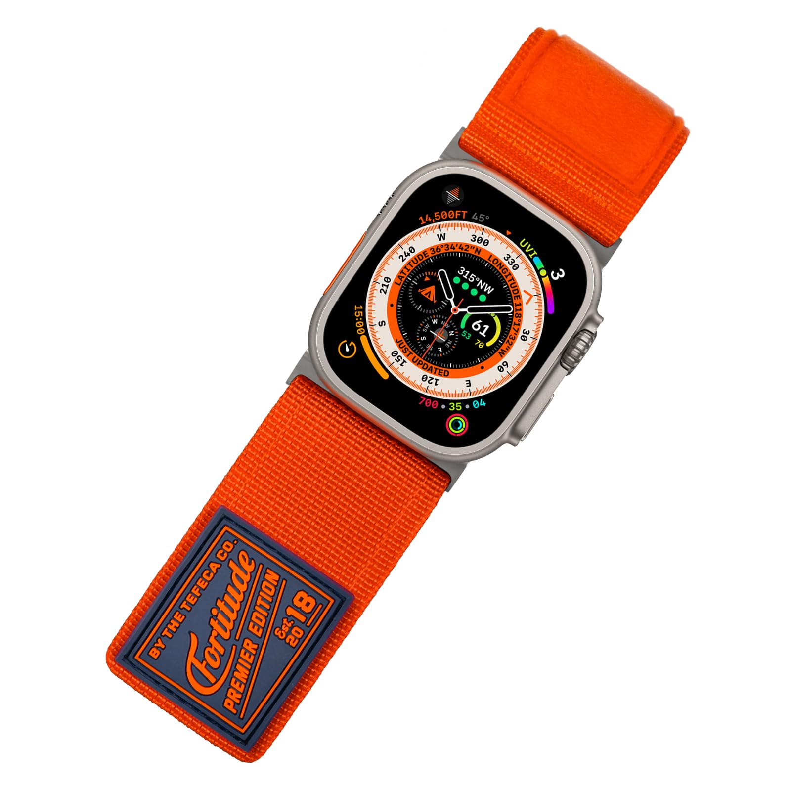 Tefeca Fortitude Series Ultrawide Band Compatible with Apple Watch Ultra/Ultra2 Series 9/8/SE2/7/6/SE/5/4/3/2/1(Orange with Silver Adapters