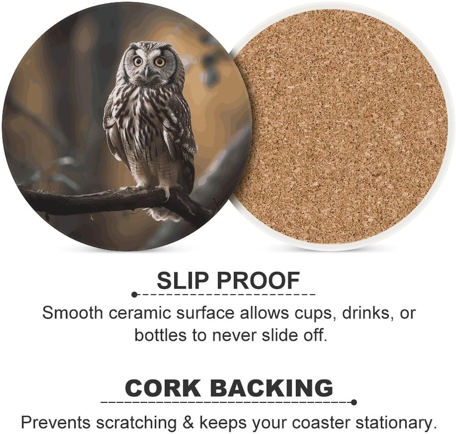 Owl Standing on The Tree Coasters Round Coasters Set Ceramic Stone Coaster with Cork Base Coffee Cup Beverage Cup Mat Cute Funny Table Drinks Coaster for Mugs and Cups Office Kitchen