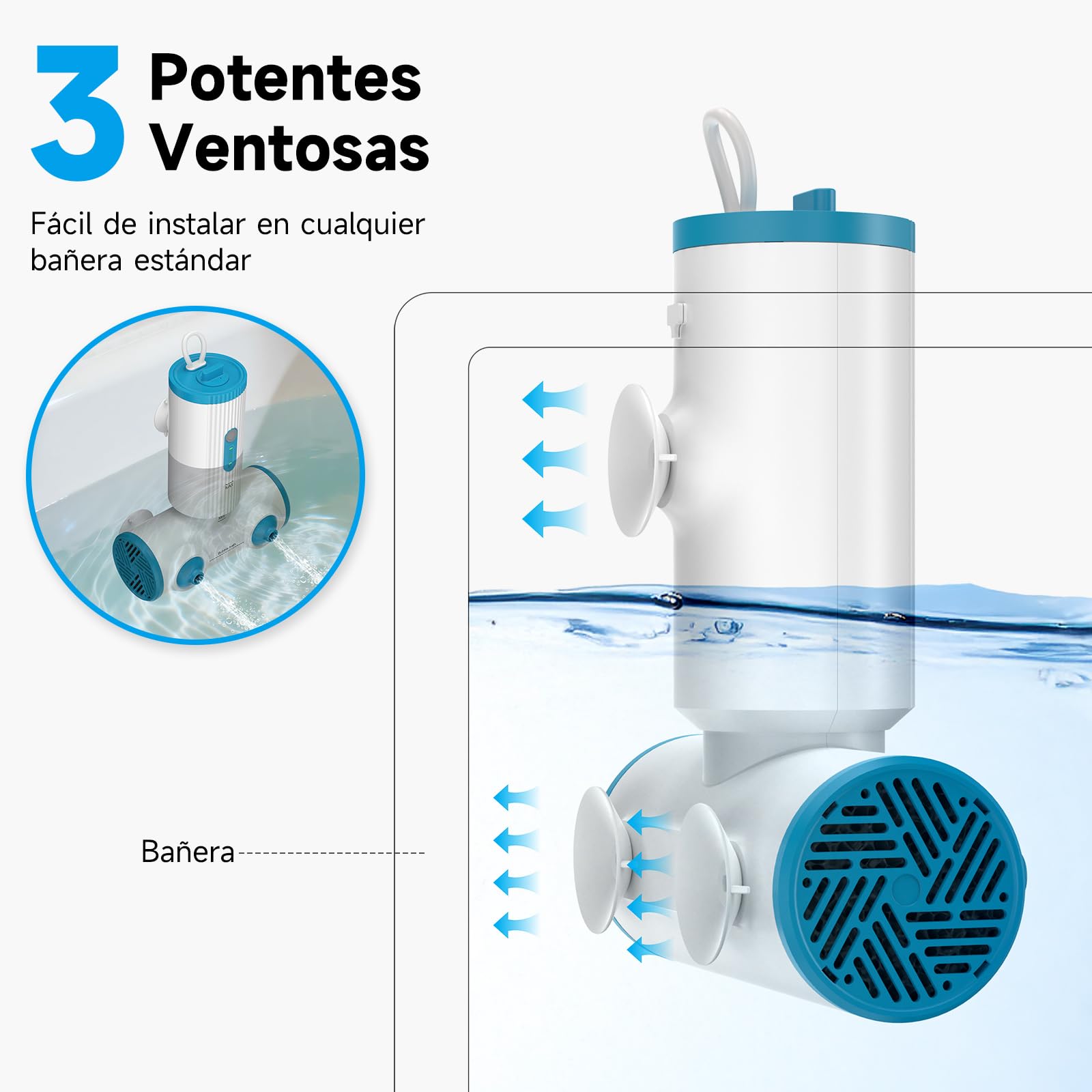 Buses baño portátiles, dobles, 5000mAh, IP67 | Jet y burbujas, 3 niveles, 360°, ventosas, 2h uso, limpieza fácil