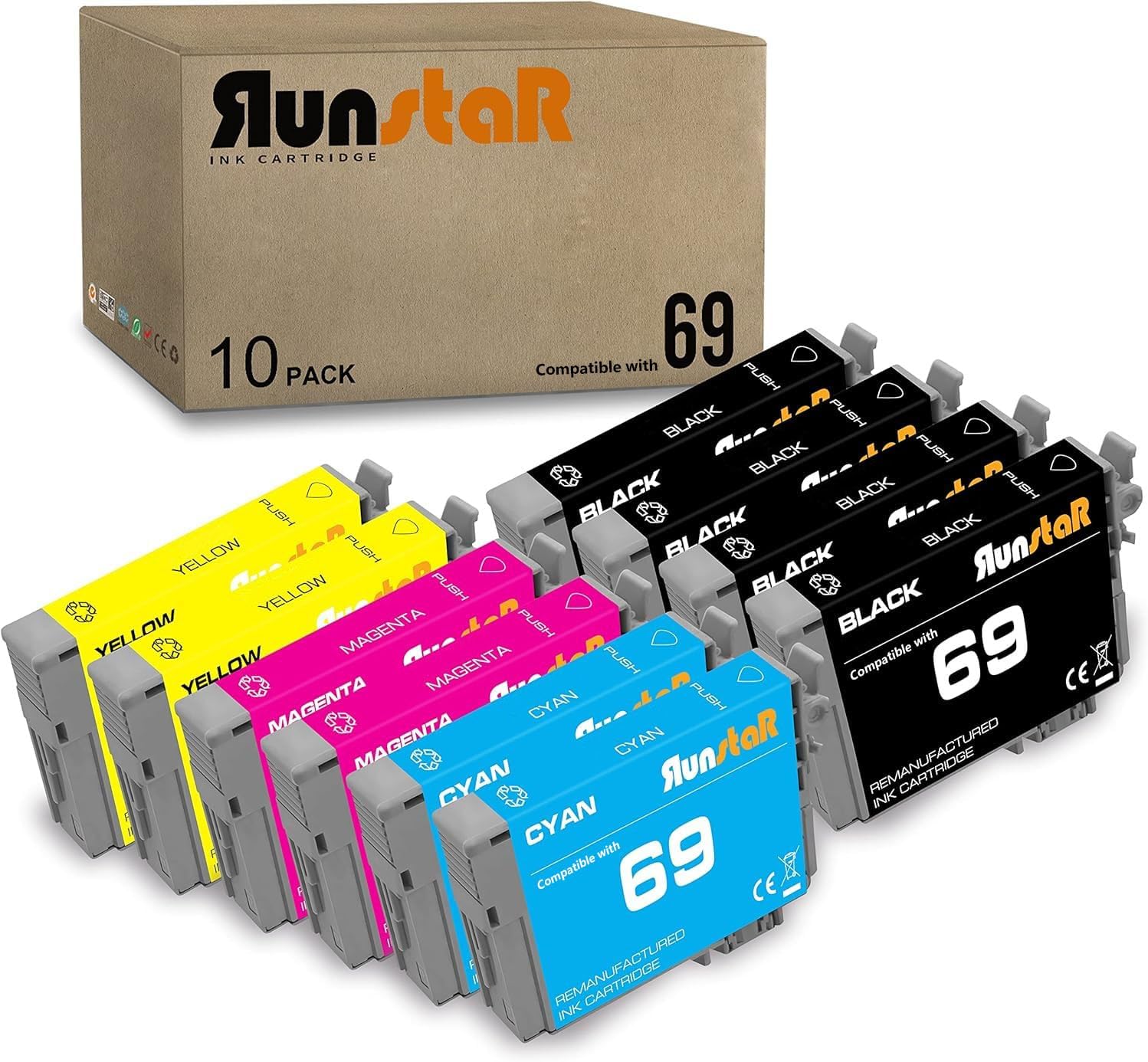Run Star 10 Pack 69 T069 Remanufactured Ink Cartridge Replacement for Epson 69 T069 for Epson Stylus C120 CX5000 CX6000 CX8400 CX9400 NX110 NX300 NX400 NX415 Workforce 30 610 Printer (4BK/2C/2Y/2M)
