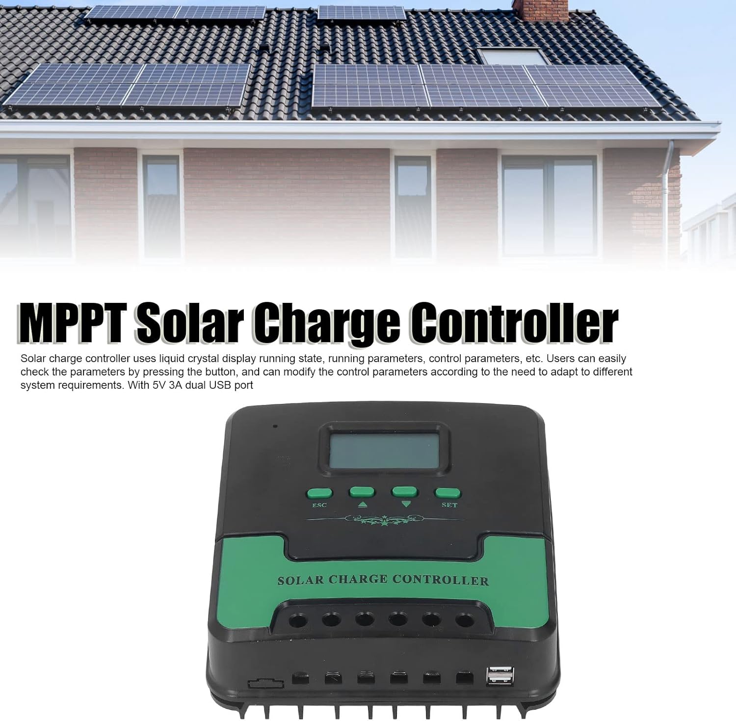 MPPT Solar Controller, 12V 24V Auto Solar Panel Regulator with LCD Display, USB Adjustable Parameter Renewable Energy Controller (40A)