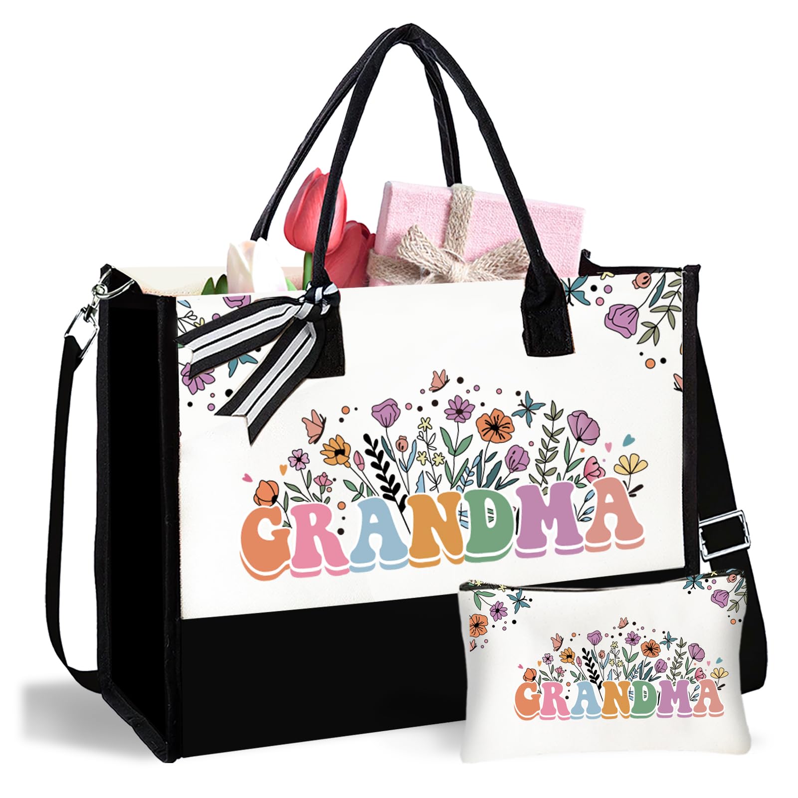 fcaylo Grandma - Canvas Tote Bag with Makeup Bag for Mama Mimi, Thank You Gift from Granddaughter