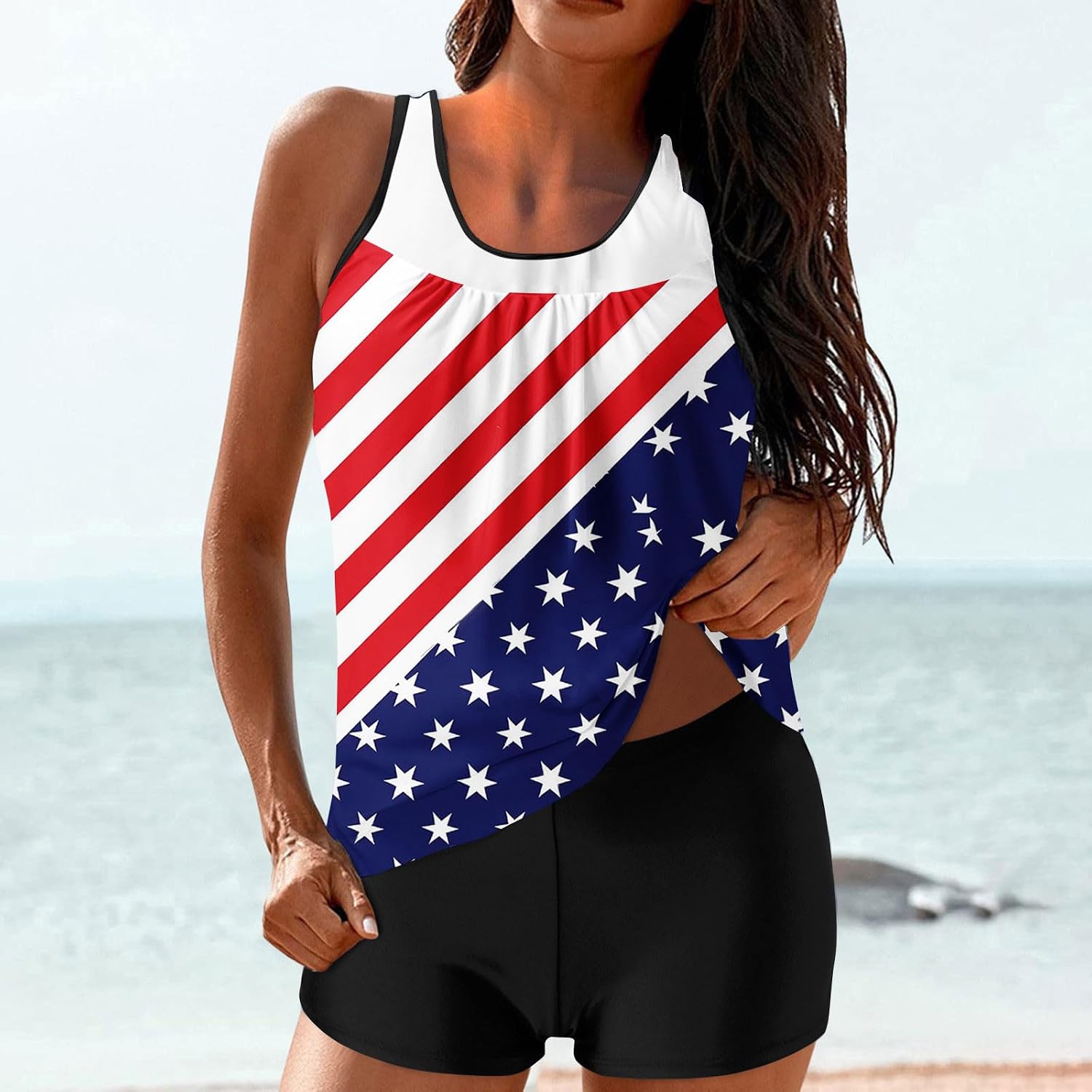 4th of July Swimsuits for Womens American Flag Print Modest Two Piece Bathing Suit Bikini Tank Top with Boyshorts Sets