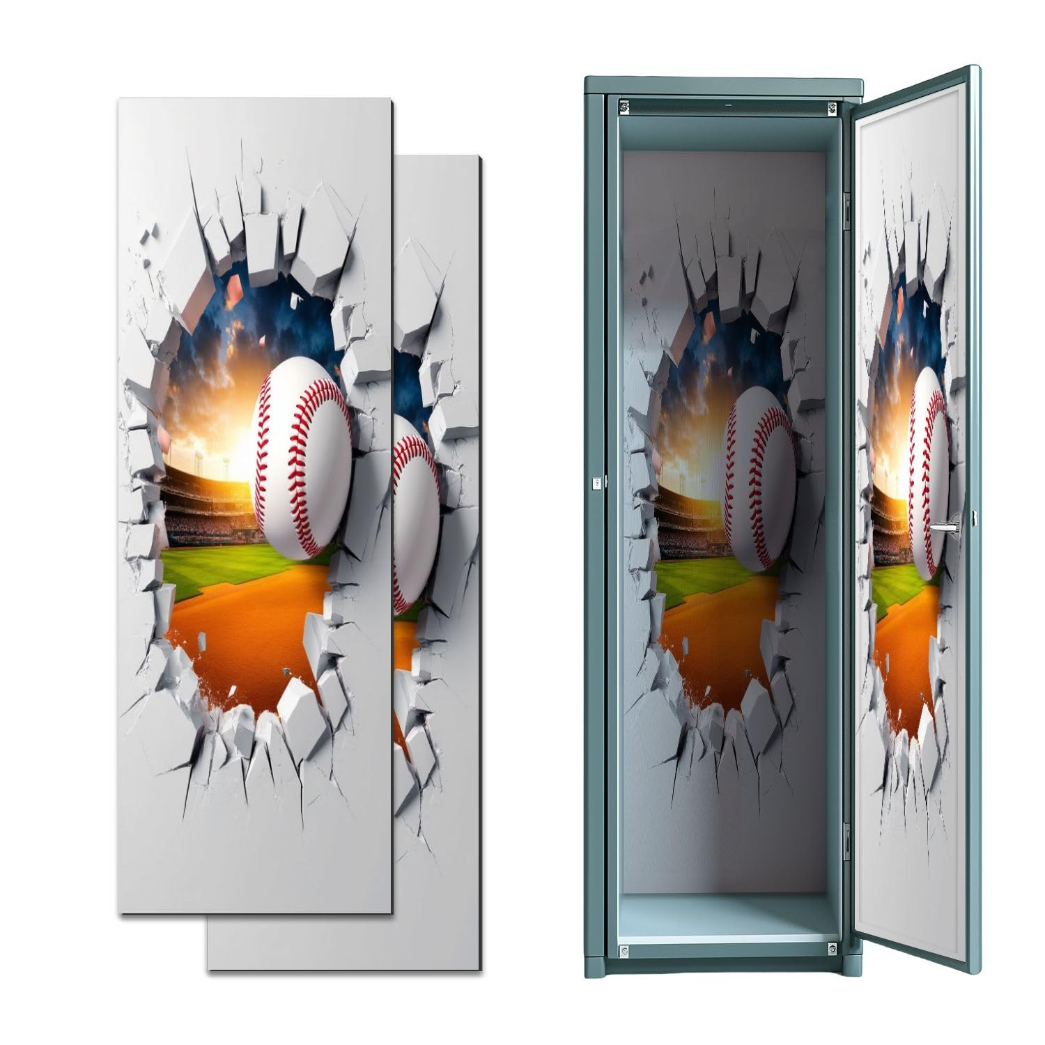 2 Pcs Locker Magnetic Wallpaper 3D Baseball Wall Sticker Decals Boys Room Theme Shattered 12" x 36" Wall Magnetic Sticker Removable Locker Accessories Decor Easy Install for Office School