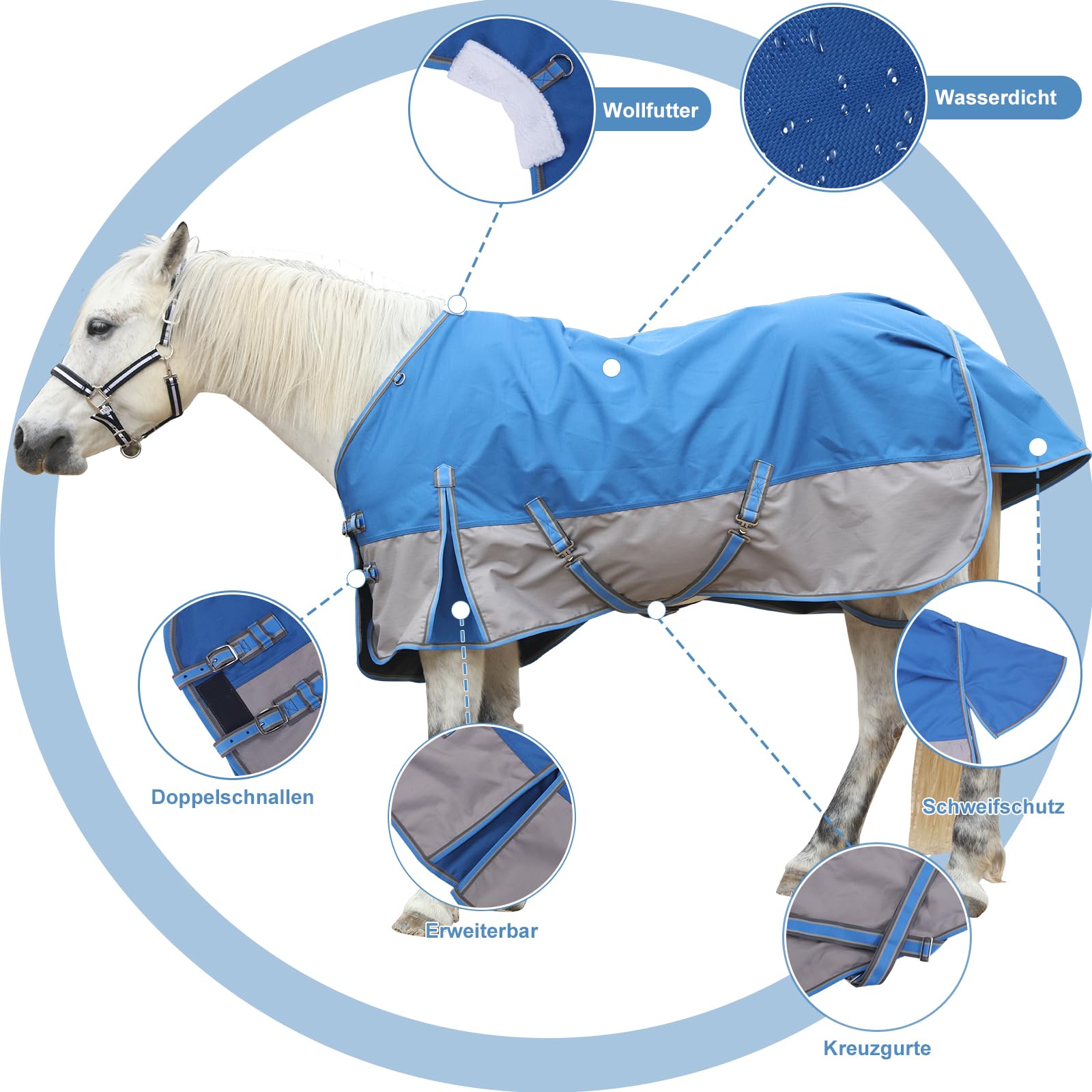 1200D Coperta per cavalli resistente allo strappo senza imbottitura (0g), Coperta da esterno leggera, impermeabile e traspirante per cavalli, Blu-Grigio 145 cm