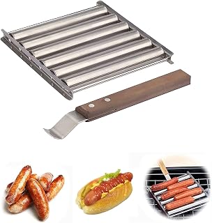 BBQ Sausage Roller for Grill, Sausage Roller Holder Rack, Stainless Steel Hot Dog Grill Steamer with Wooden Handle, Barbecue Camping Essentials Accessories for Grill (A)