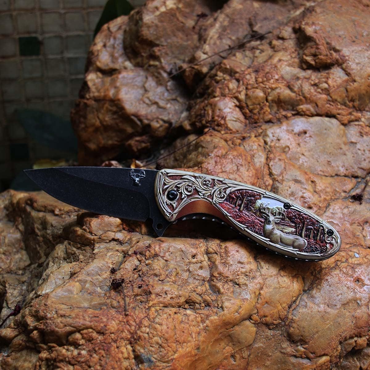 Generic Outdoor Survival Folding Blade Knife - Fruit Utility Assisted Knife - 3.5" Stainless Steel Blade - Deer Antler Handle - Perfect for Hunting, Camping, Hiking
