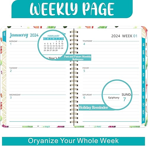 Miniatura 5 de Agenda 2024 semanal y mensual, agenda 2024 en espiral con pestañas mensuales, bolsillo trasero, calcomanías, agenda de tapa dura, tamaño A5, enero