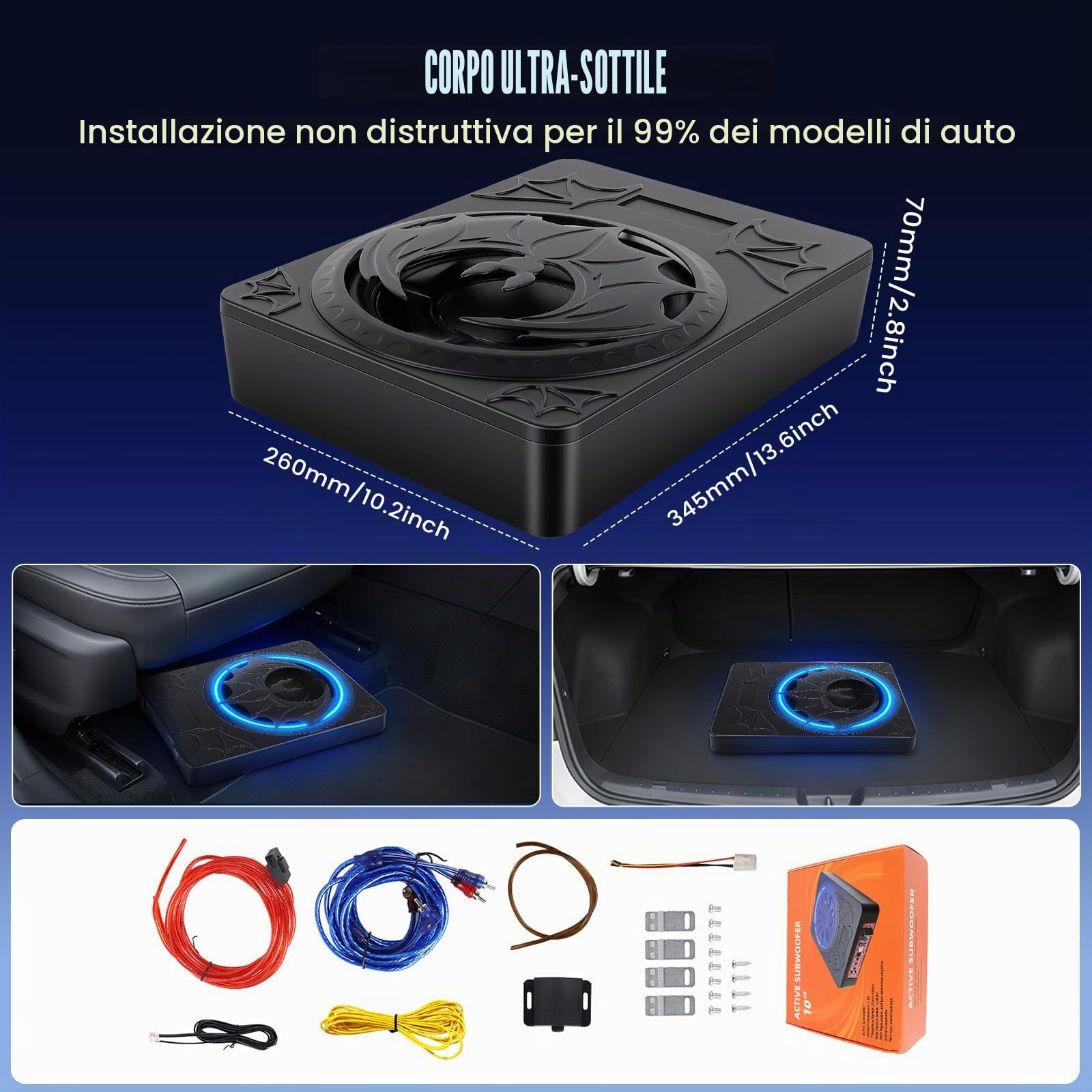 CAMECHO Subwoofer Auto 1200W 70mm Ultra Piatto Sottosellino con Alimentazione: Subwoofer Attivo con Amplificatore Integrato, Ingresso Alto/Basso Livello e Comando del Volume per SUV