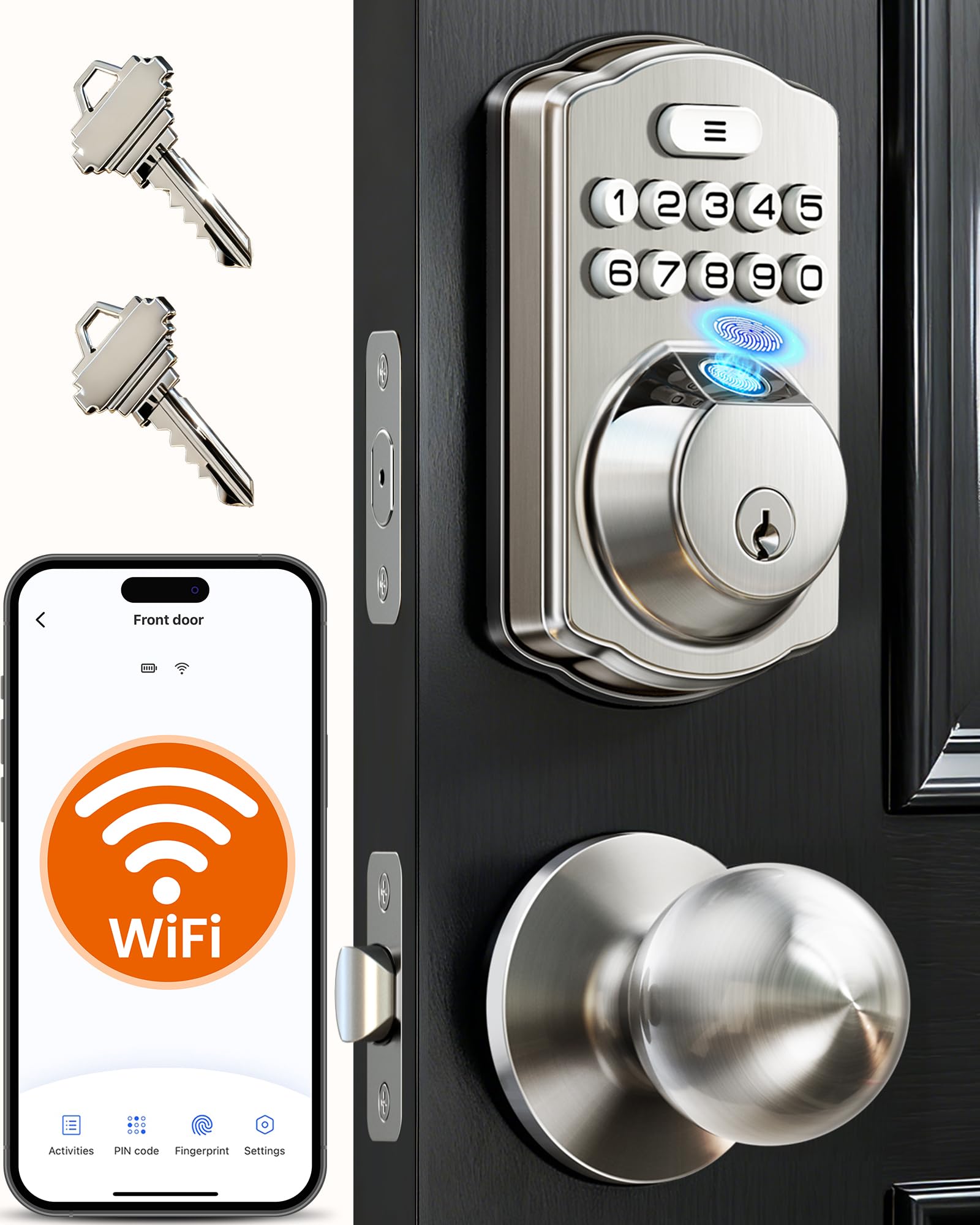 Photo 1 of Veise VE012W-K Built-in WiFi Fingerprint Smart Lock with 2 Knobs, No Hub Needed, Remote APP Control, Keyless Entry Door Lock, Smart Deadbolt for Front Door, Auto Locking, Satin Nickel