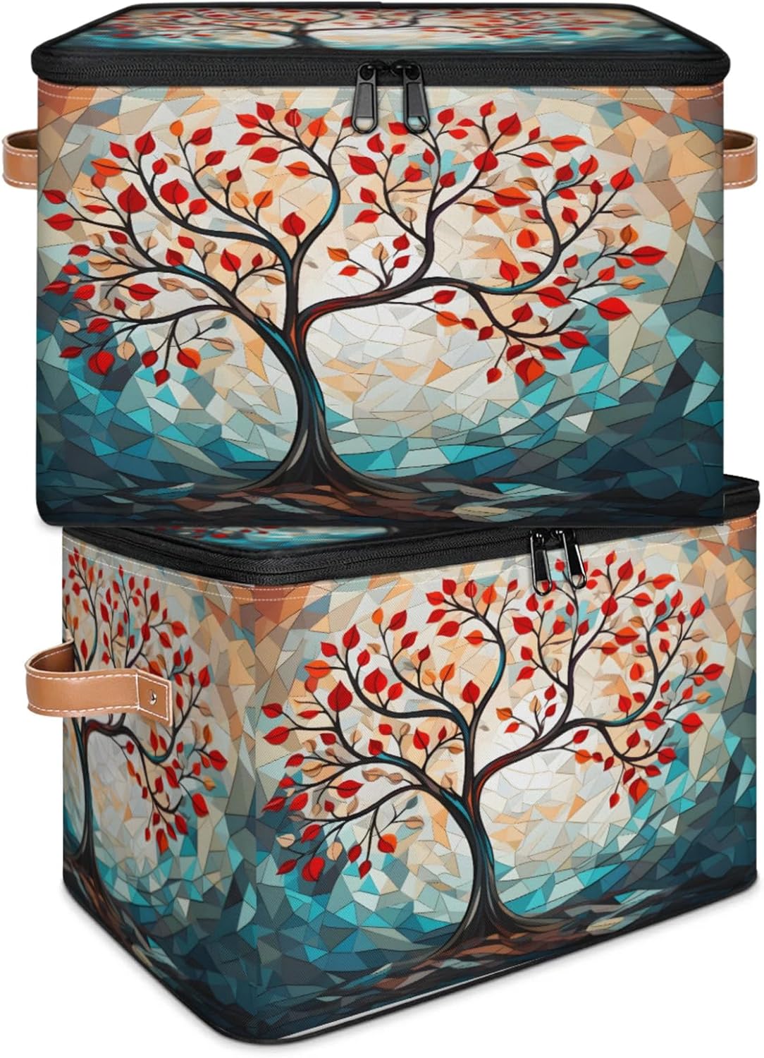 Storage Bin Set of 2 Abstract Tree Storage Basket with Zipper Lid & Handle Foldable Closet Shelf 2 Pack Cloth Organizer Basket Cube Bins Clothes Organizer for Nursery, Bedroom