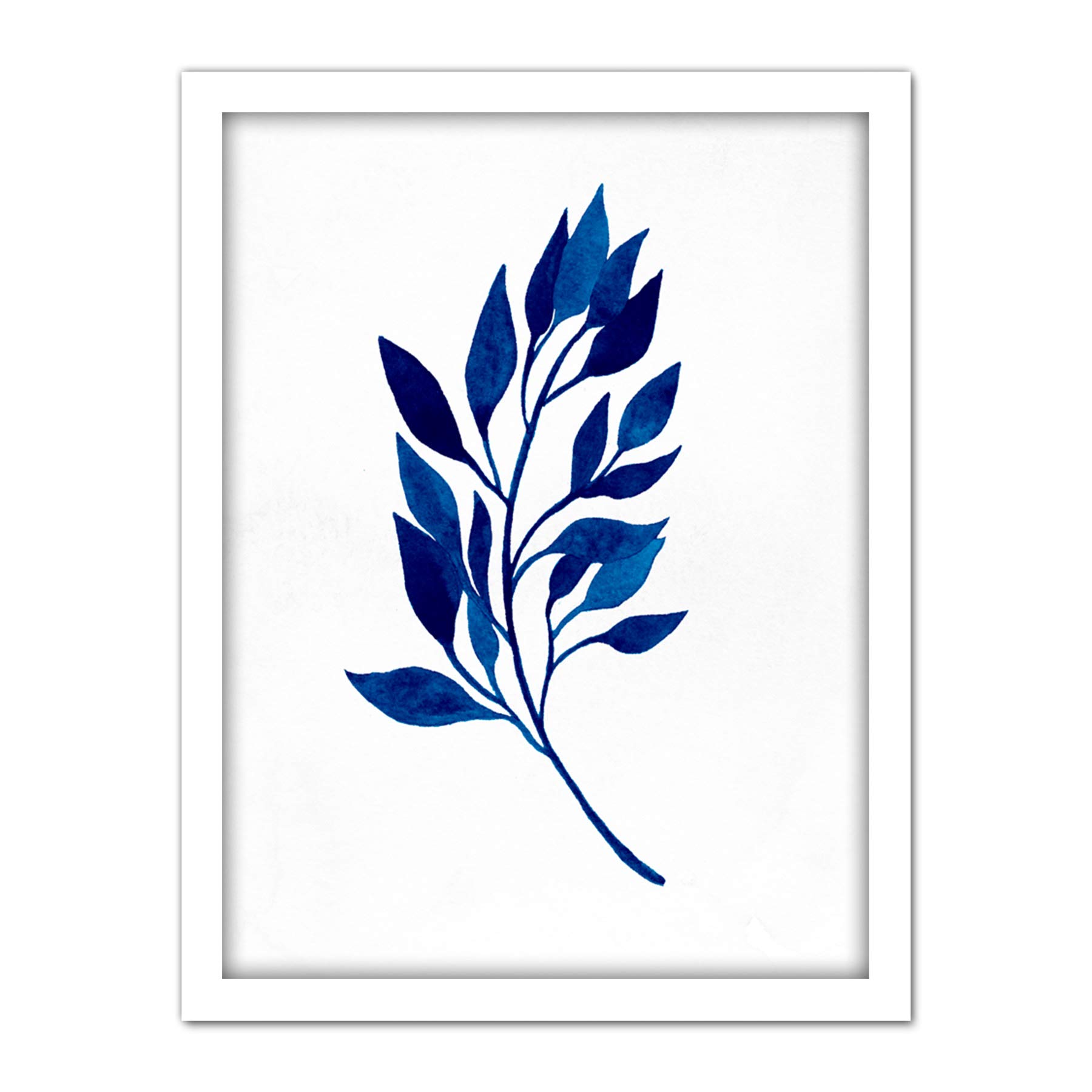 Wee Blue Coo Navy Blue Watercolour Leaves Artwork Framed Wall Art Print 18X24 Inch