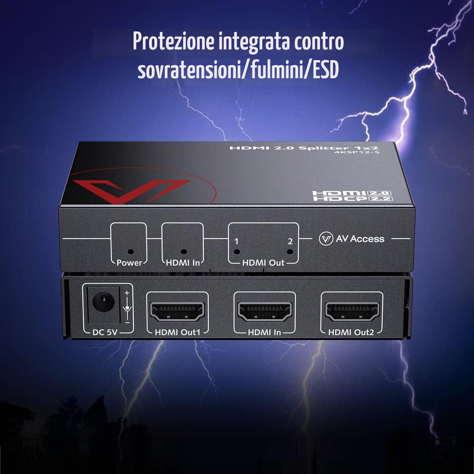 AV Access 1 in 2 Out UHD 4K@60Hz 1080p@120Hz Splitter HDMI 2.0 con downscaling automatico, 18 Gbps a latenza zero, splitter HDMI 1×2 4K con HDR10 e 3D, HDCP 2.2, gestione EDID automatica
