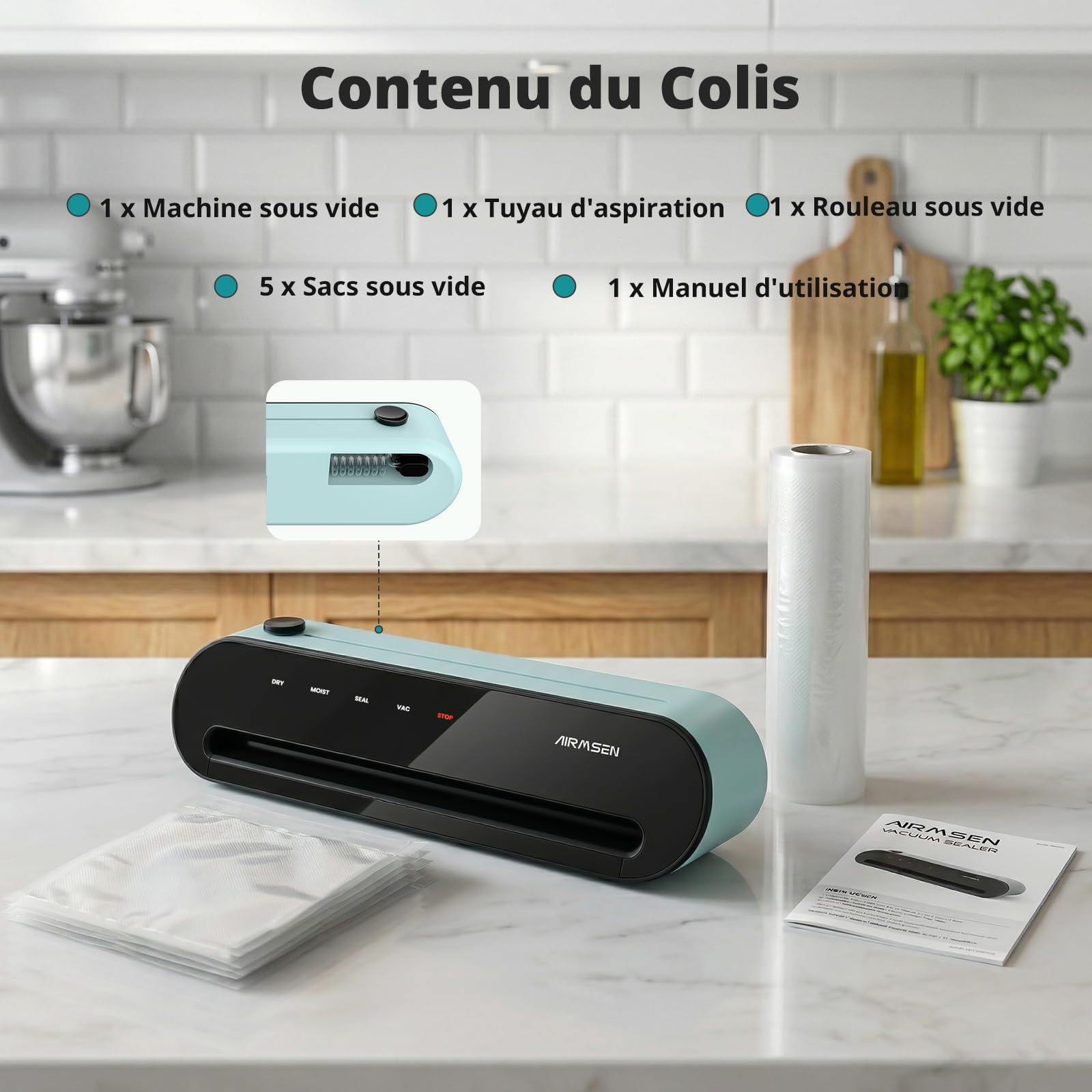 AIRMSEN Machine sous Vide 6-en-1 Entièrement Automatique avec Fonction de Gonflage, Aspiration Profonde Automatique, Coupe-sac Intégré et Rangement de Tuyau, Modes Sec & Humide, Vert Menthe