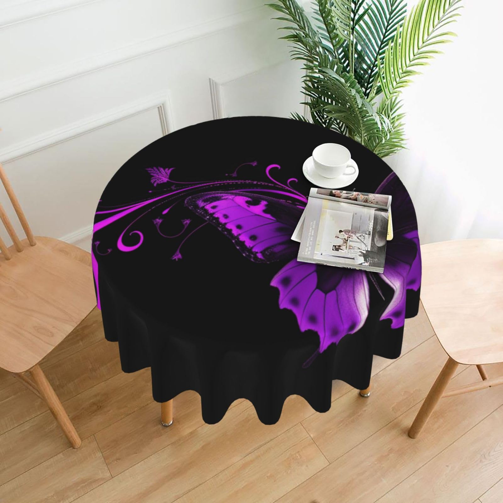 Fodpand Black Purple And Butterfly Tablecloths For Round Tables 60 Inches - Reusable And Washable Kitchen Table Clothes Decorative Table Cover For Dining Tables, Buffet Parties, Wrinkle Resistant