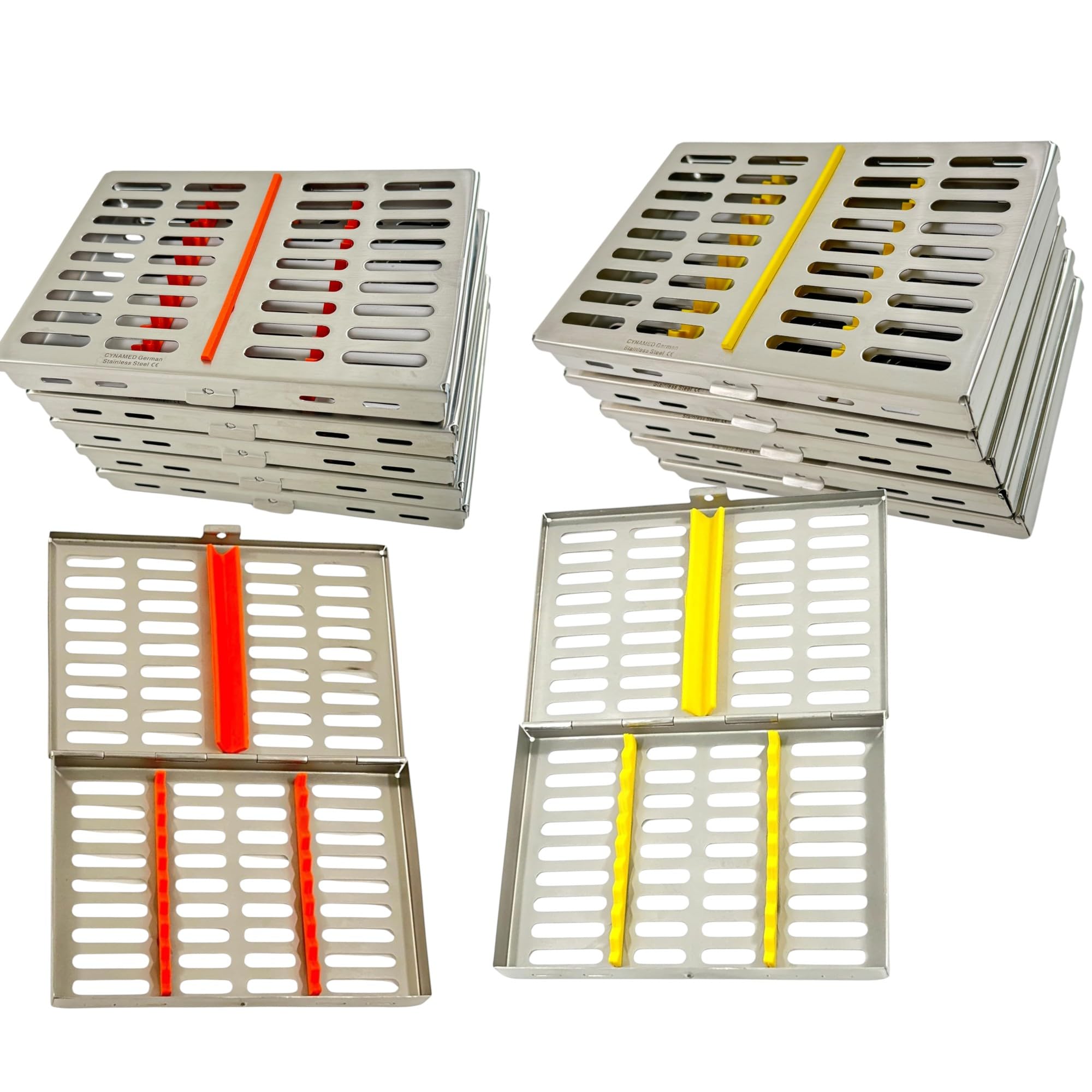 Lot of 10 Sterilization Cassette Boxes 7in x 5.5in x 1.25in, with 10-Slot Silicone Inserts, Orange + Yellow - Heavy Duty German Stainless Steel