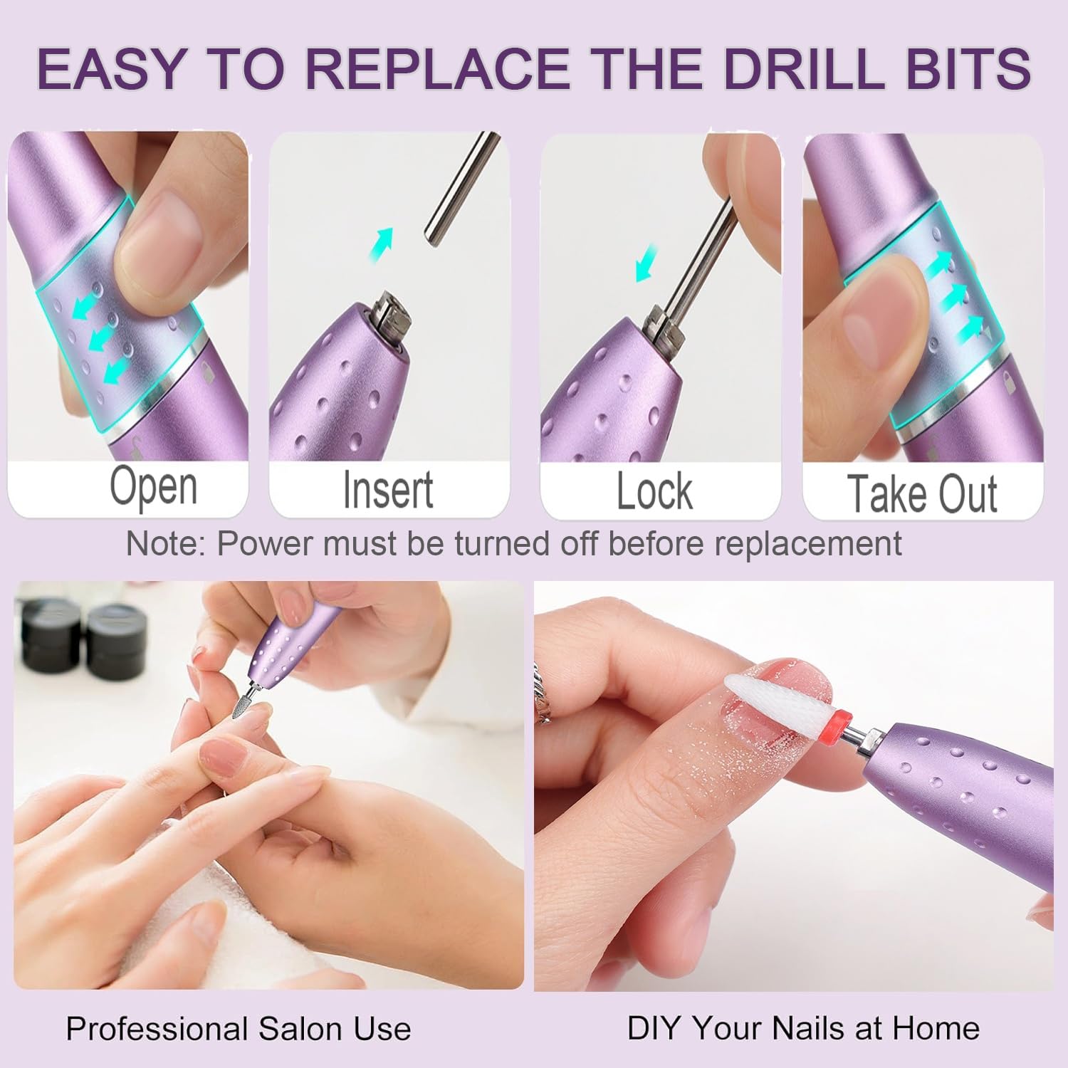 Lima Unghie Elettrica Professionale Fresa per Unghie Senza filo USB Ricaricabile Portatile 45000 giri Nail Drill con 6 Punte per Unghie e Touch Screen a Led per Manicure, Pedicure-purple
