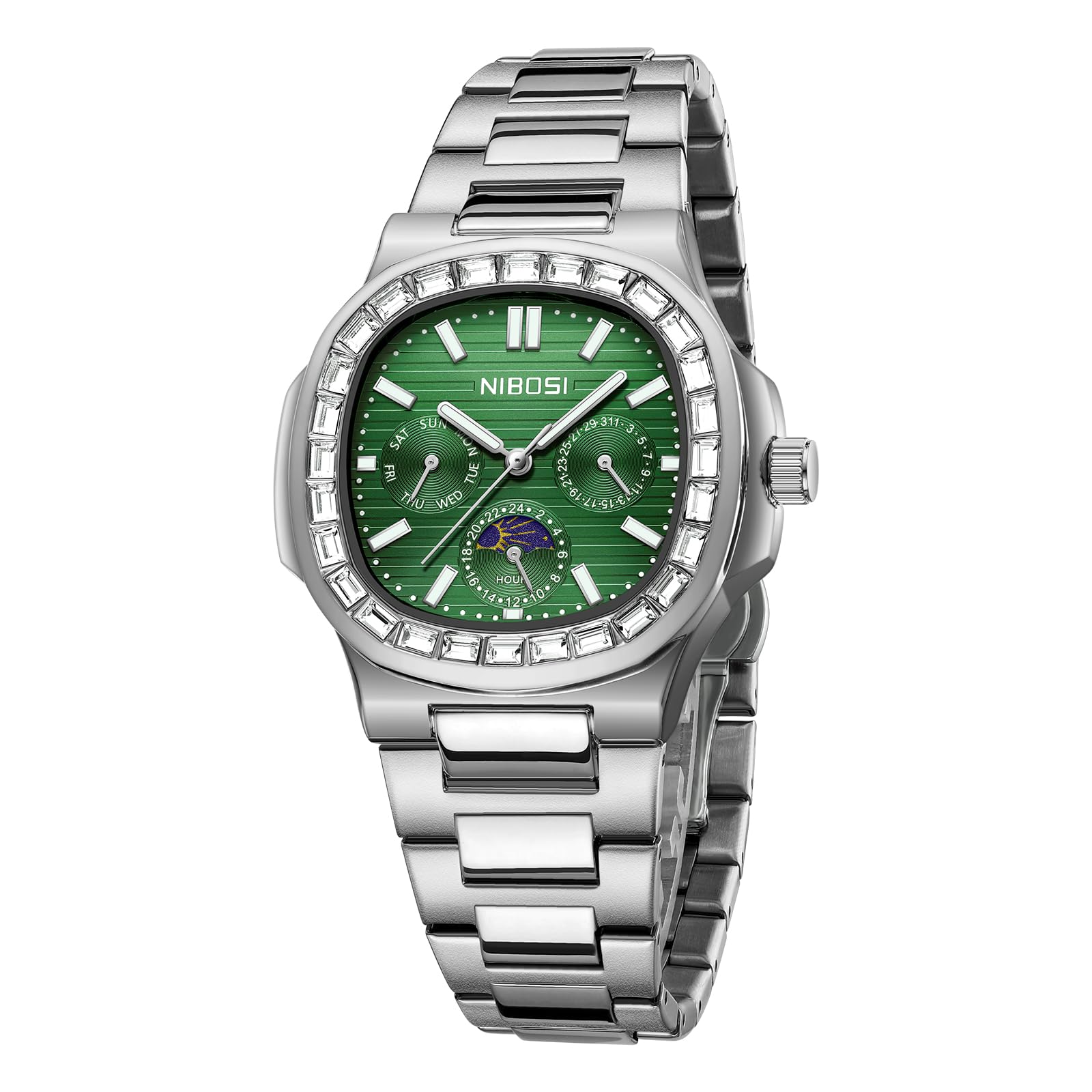 NIBOSI Orologio da polso da uomo analogico al quarzo multifunzione cronografo fase lunare impermeabile luminoso in acciaio inox