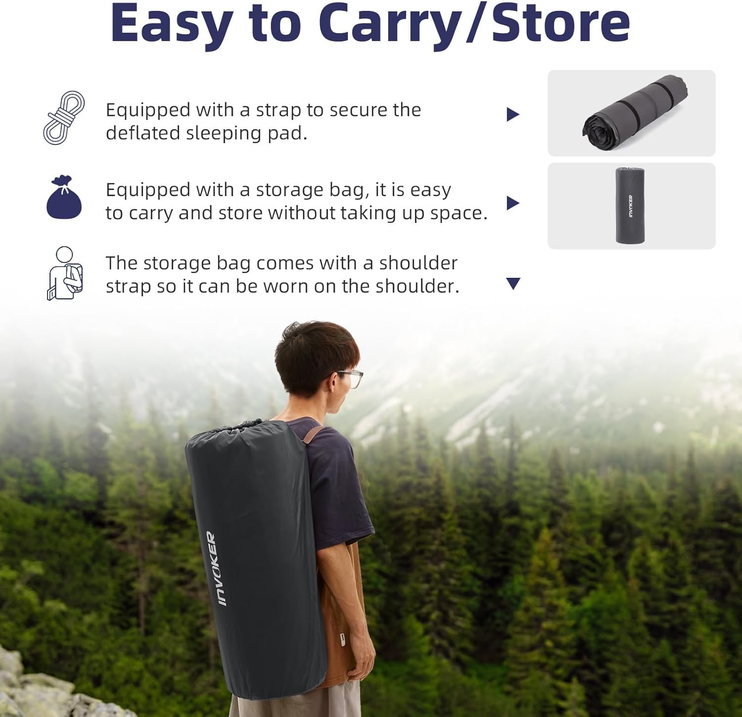 INVOKER Camping Sleeping Pad 3.15” Memory Foam Fast Self Inflating Insulated Durable Camping Mat Air Mattress with Pillow，for Tent, Traveling, Car, Camping, Grey