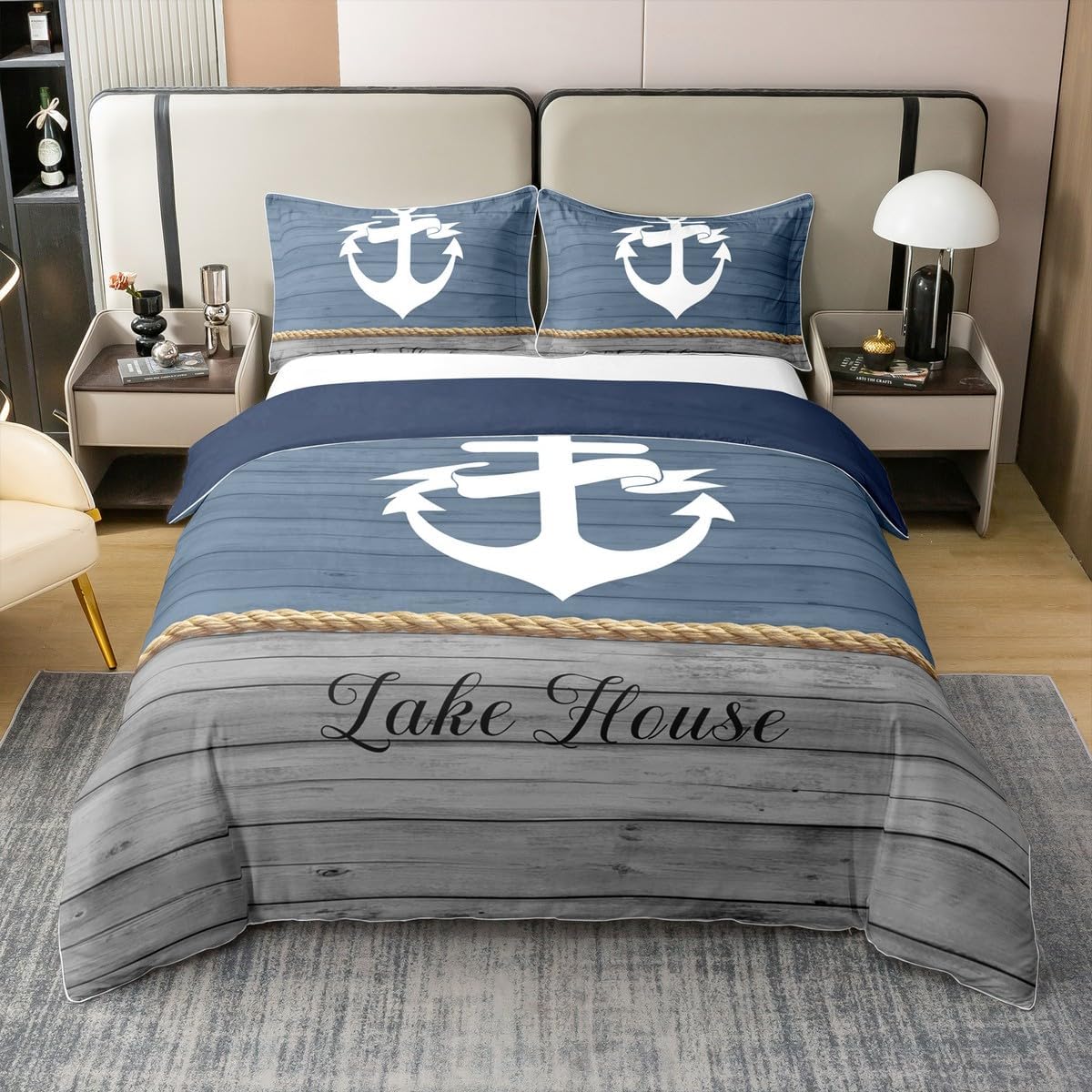 Castle Fairy Lake House 100% Organic Cotton Comforter Cover Nautical Anchor Print Ocean Style Duvet Cover Set Queen Size for Bedroom Rustic Farmhouse Wooden Board Bedding Set with 2 Pillowcases