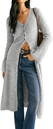 Womens V-Neck Button Maxi Cardigan Bell Long Sleeve Open Front Split Breasted Sweater Dress
