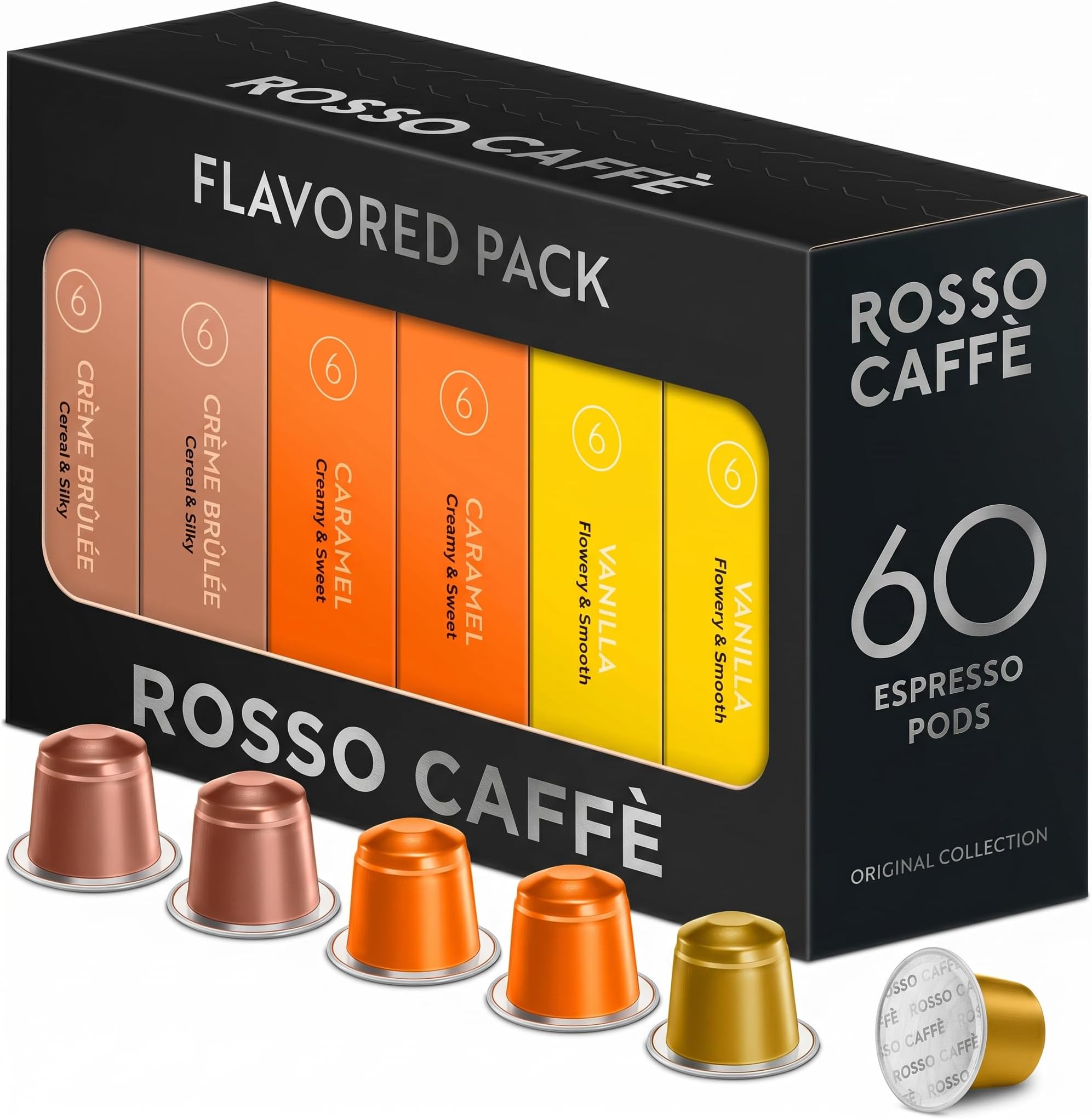 60 Espresso Coffee Pods for Nespresso Original Machines - Pack of Premium Capsules, 3 Rich and Balanced Flavors (Vanilla, Crème Brulee, Caramel)