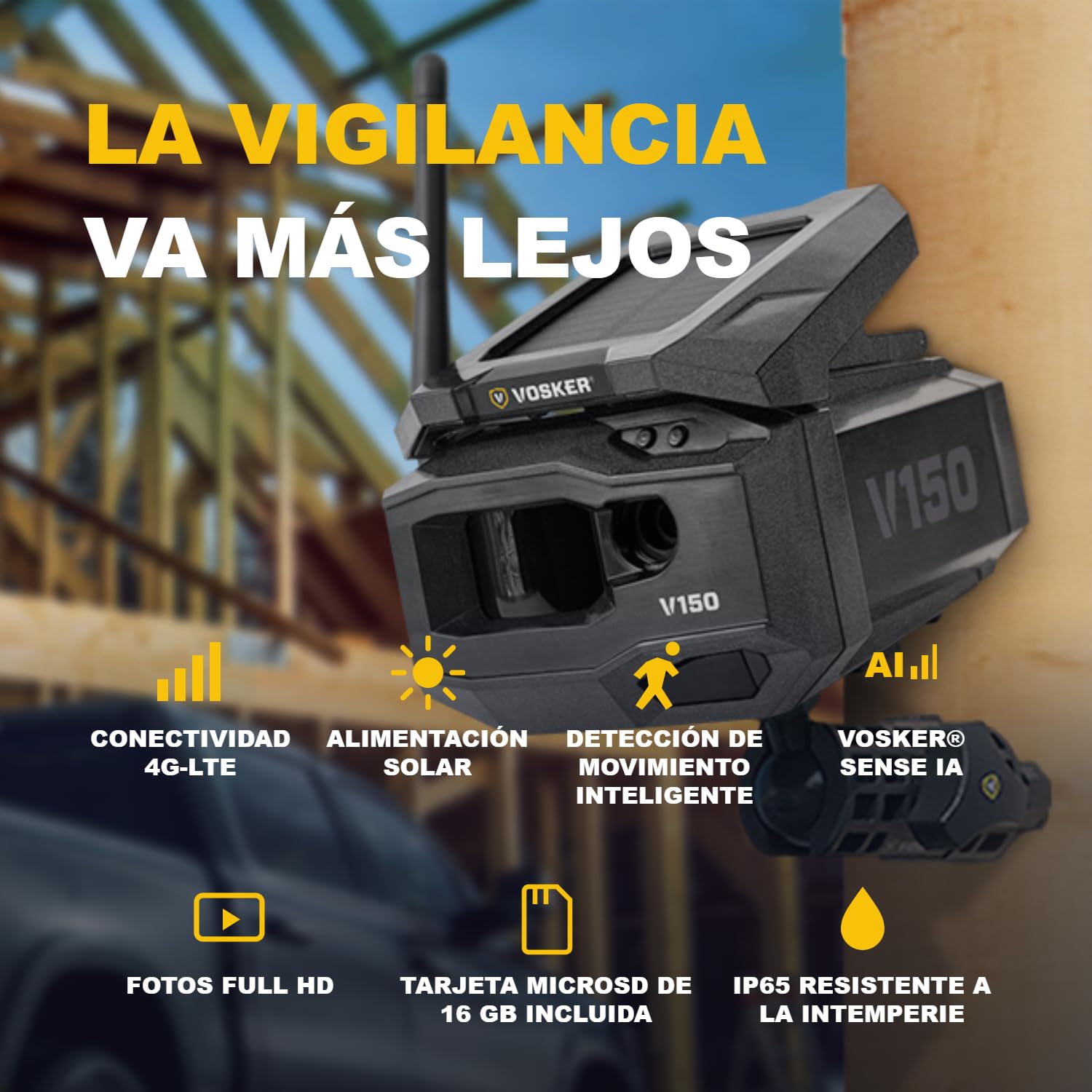 Vosker V150 Cámara Exterior 4G LTE con Panel Solar, sin Cables, sin Wi-Fi, detección de Movimiento, visión Nocturna, Fotos enviadas a la aplicación móvil, batería Recargable