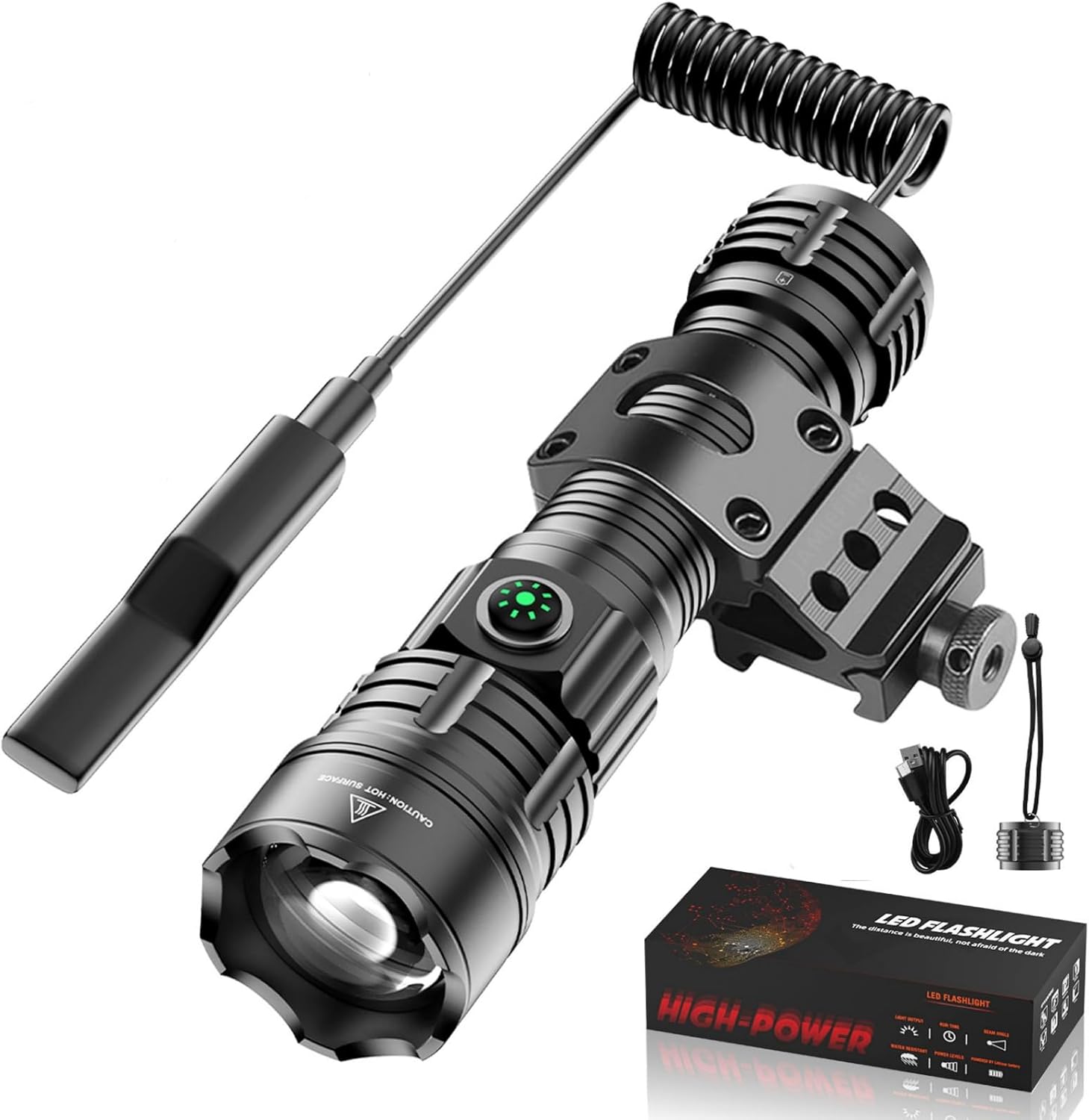 WINDFIRE Tactical Flashlight Rechargeable, Flashlight High Lumen with Picatinny Rails Mount and Pressure Switch, Zoomable 3 Modes Handheld Flash Light