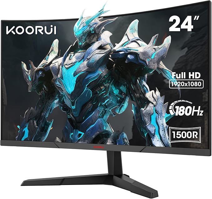 KOORUI 24E6CA Monitor Gaming Curvo 24 Pulgadas, 180HZ, 1ms, 1500R, HDR, VA 3000:1, FHD 1920x1080, 2xHDMI 2.0, DP 1.2, Adaptive Sync, Eye Care, VESA 100x100mm, Inclinación Ajustable