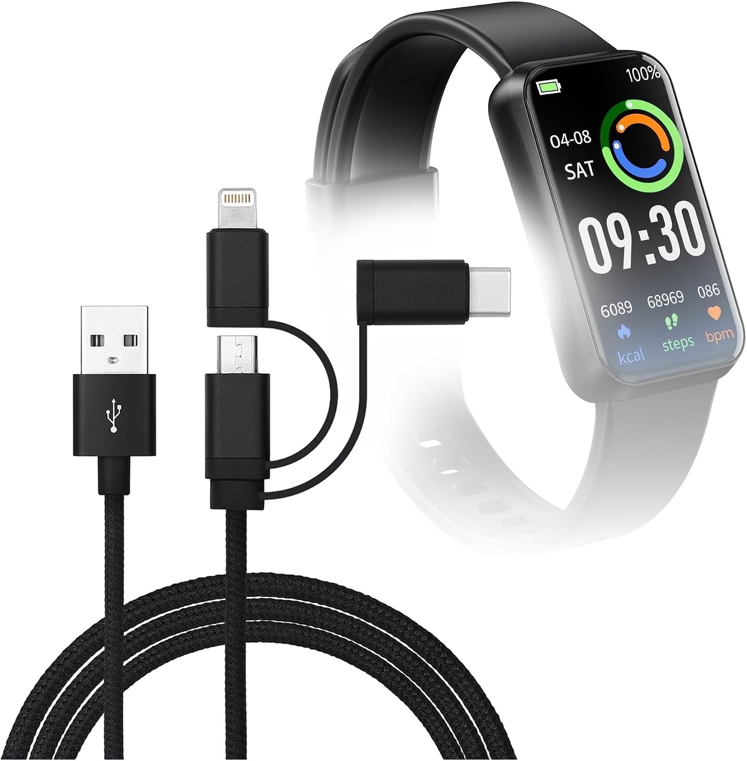 BoxWave Cable Compatible with USMECBL Fitness Tracker(1.47 in) - AllCharge 3-in-1 Cable - Jet Black