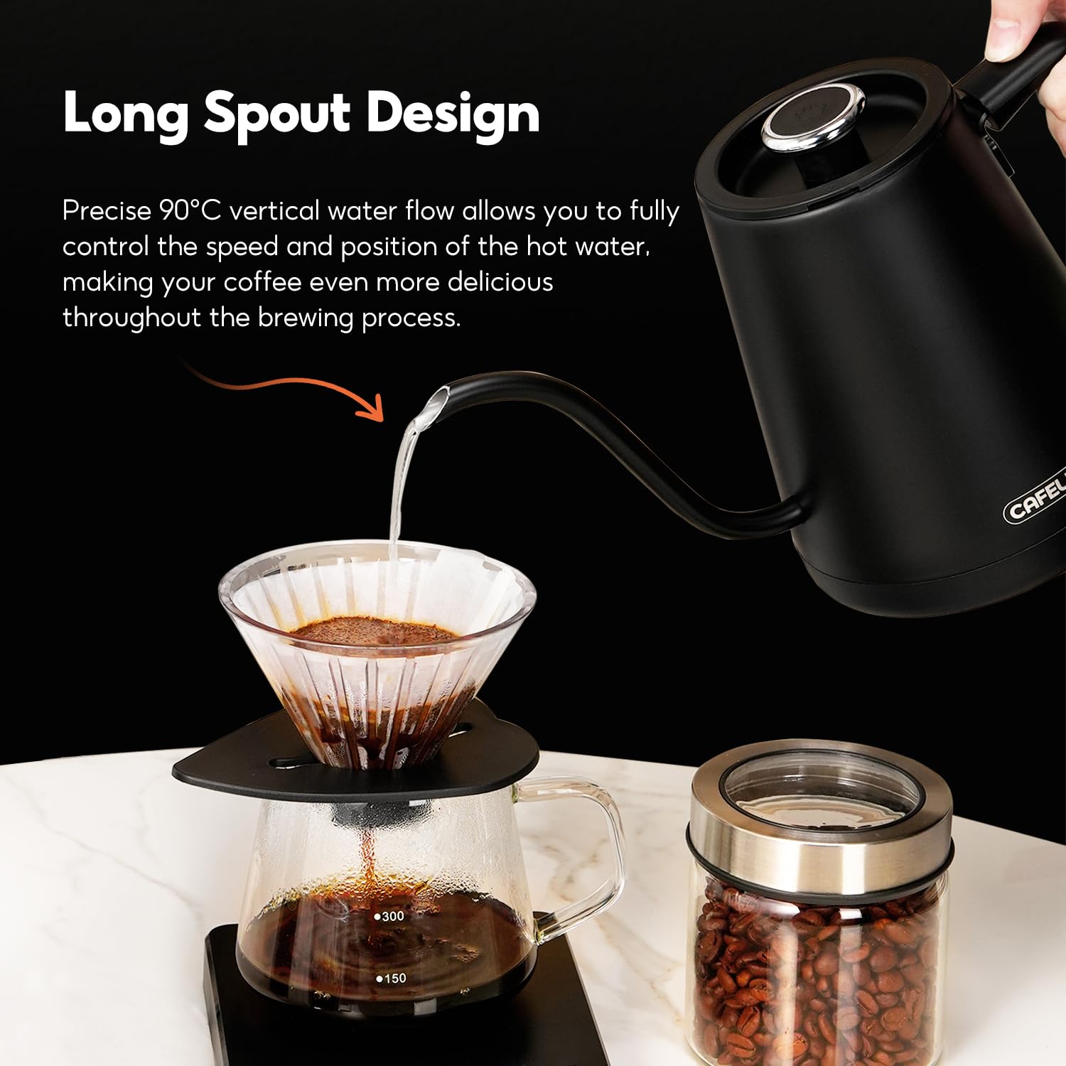 CAFELFFE Elektrischer Schwanenhals-Wasserkocher, Pour-Over-Kaffee- und Teekanne, Edelstahl-Heißwasserspender mit Temperaturregelung und Warmhaltefunktion, 0,8 l, 1500 W, Schwarz, MK-101