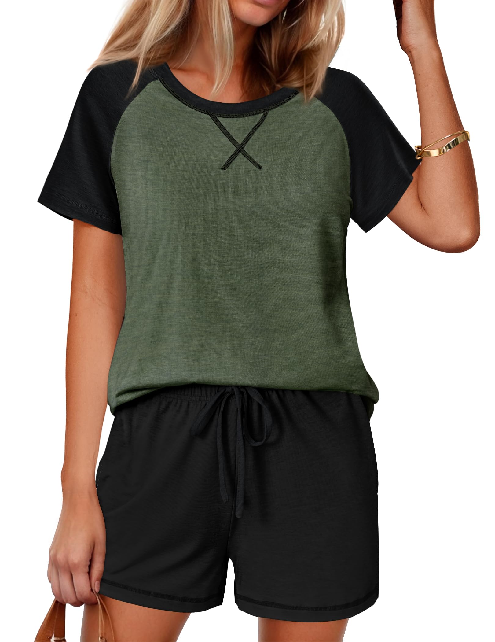 Ekouaer Pajamas for Women Set Soft Short Pj Set 2 Piece Lounge Set Raglan Sleeve Top and Pj