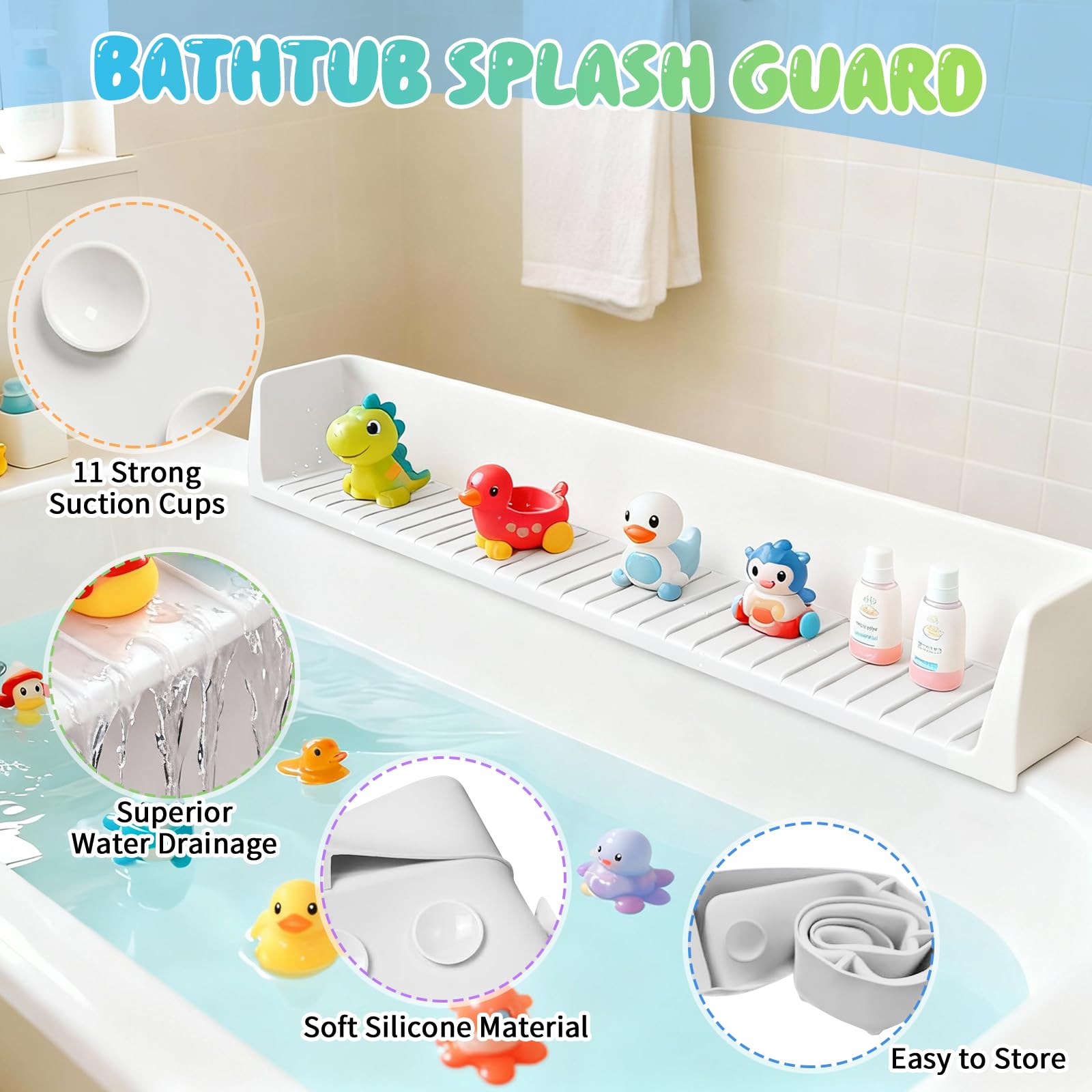 Dreamtop Protector contra salpicaduras para bañera, estante de juego de 2.6 pies para baño, bandeja de juguetes para bañera, protector de salpicaduras de silicona para evitar derrames de agua en el