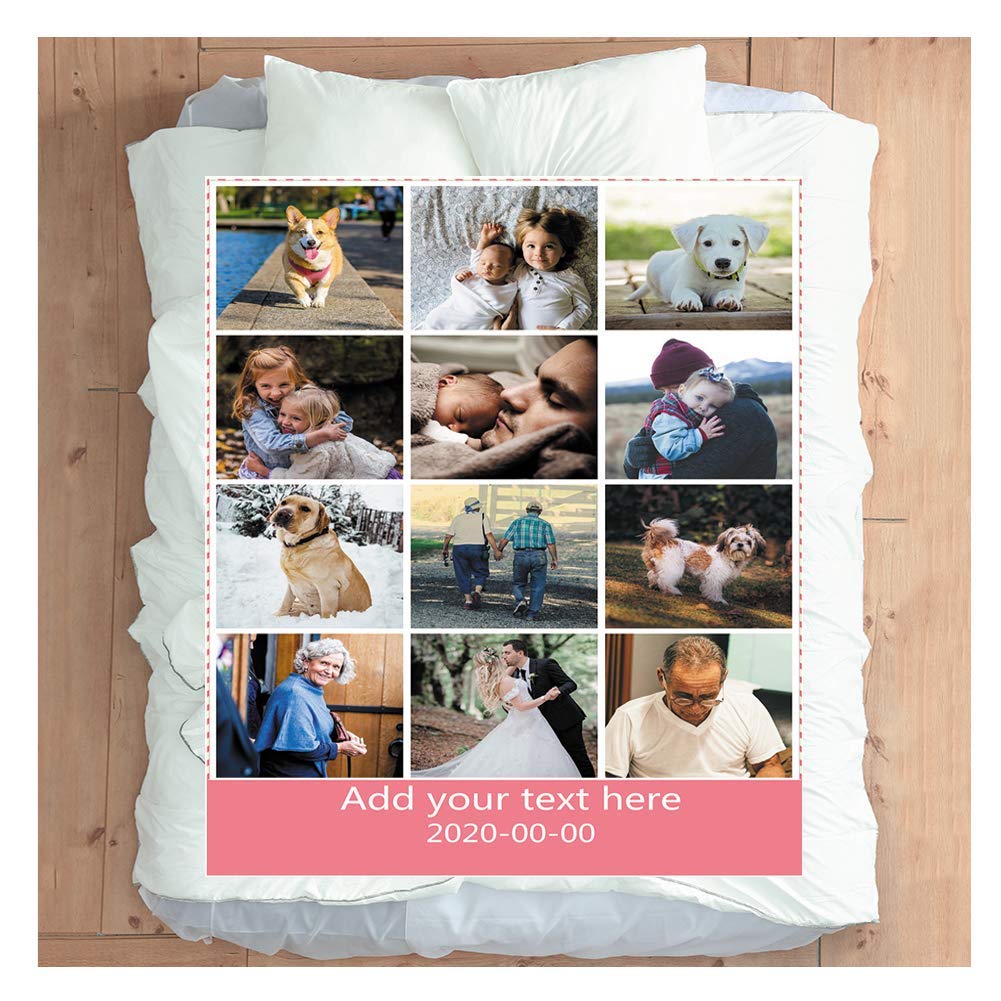 Haisimiery Personalised Photo Fleece Blanket Customised Throw with Picture Birthday Wedding Gift for Adult Baby Pet (12 photos, Blanket 60”x90” (150x220cm))