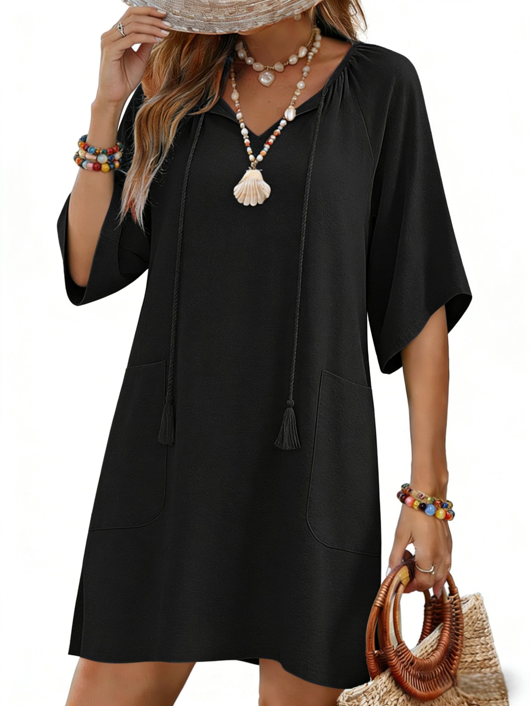 Womens Casual Beach Summer Dress Boho Cover Up Tassel Tie V Neck 3/4 Long Sleeve Mini Sundress 2026 Floral Print-image-42