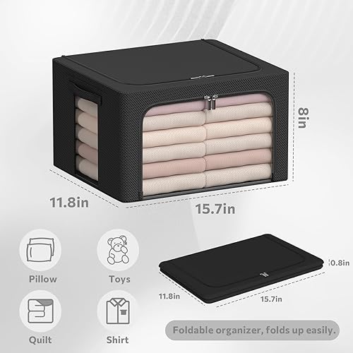 Miniatura 6 de Paquete de 3 cajas de almacenamiento con marco, bolsas de almacenamiento de ropa Oxford, plegables, apilables, con ventana transparente y asas de