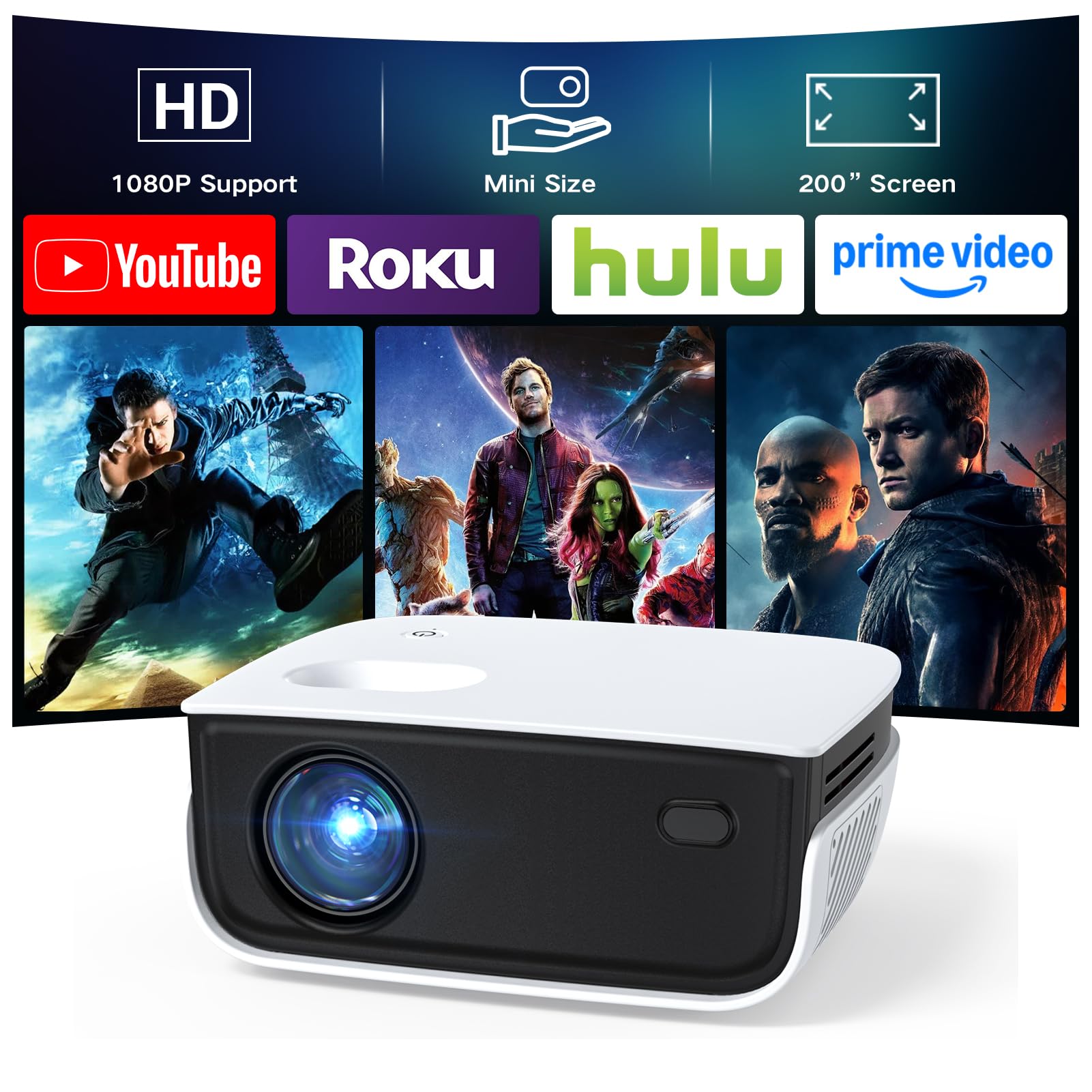 Mini Projector, NICPOW Upgrade Portable Outdoor Movie Projector, 1080P and 200" Supported Small Projector Compatible with TV Stick, Phone, PS5, HDMI, USB for Home, Bedroom, Gaming, Outdoor Use