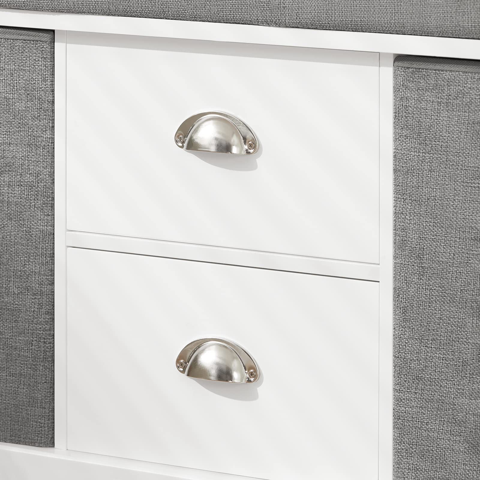 SoBuy Banc de Rangement avec Coussin Rembourré, Meuble Bas Entrée, Commode à Chaussure avec 2 Tiroirs et 2 Paniers,Armoire à Chaussure, pour Entrée, Salon, Blanc et Gris, 100x35x50 cm, FSR66-HG