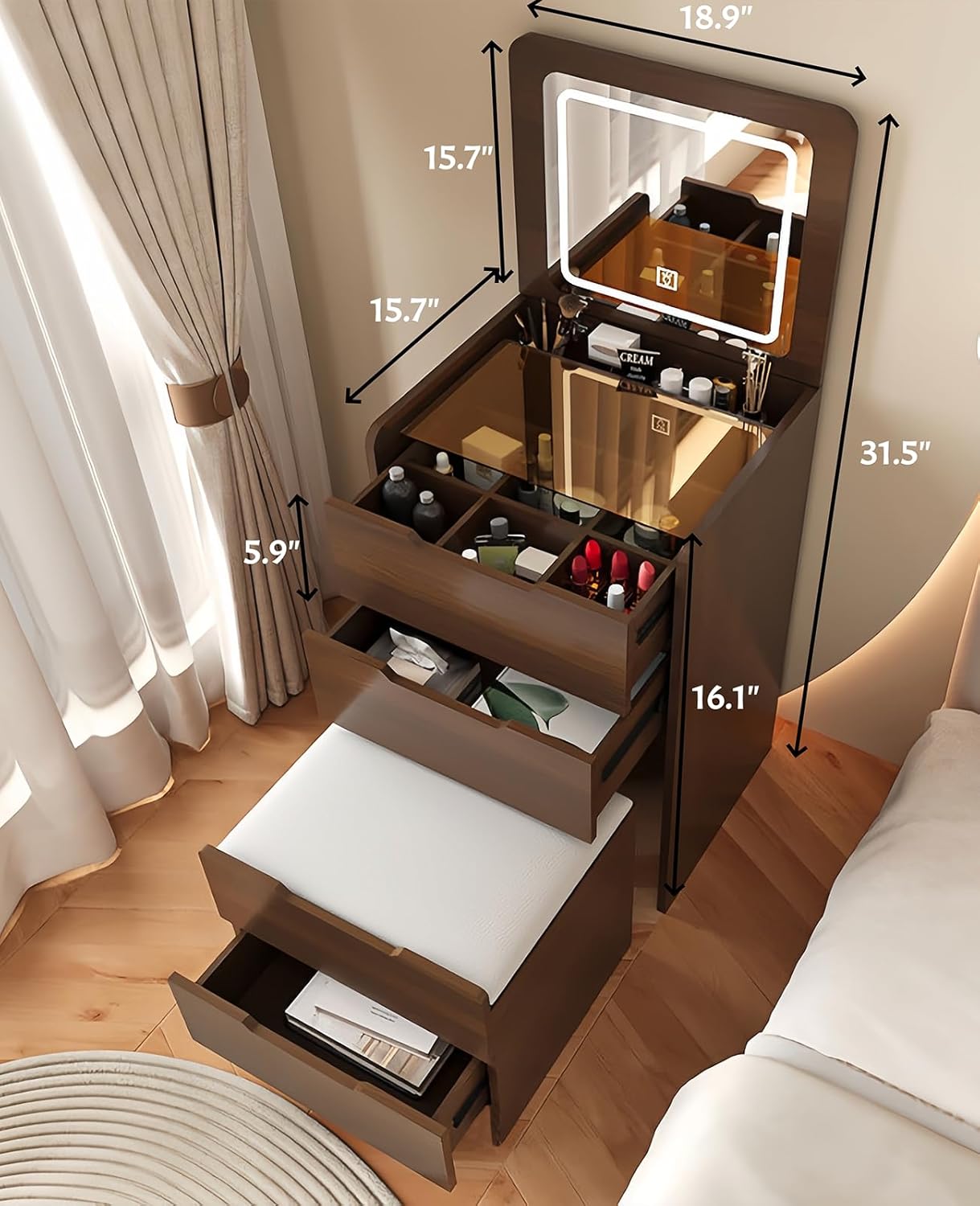 19" Makeup Vanity Desk with Flip Top Mirror and Light, 3 In 1 Compact Vanity with Hidden Stool Chair, Modern Dressing Table with Sliding Glass Top, Jewelry Organzier Storage For Small Space Bedroom