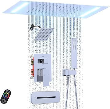 Dual Shower Head System, Ceiling Mount 14x20inch LED Shower Head and Wall Mount 6inch with Tub Spout, Rainfall Waterfall Shower Faucet Set, Chrome
