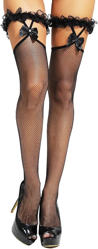 Fishnet Thigh High Stockings for women Lace-top Fishnets with Garter Bows Sheer Over Knee Lace Socks JK Pantyhose