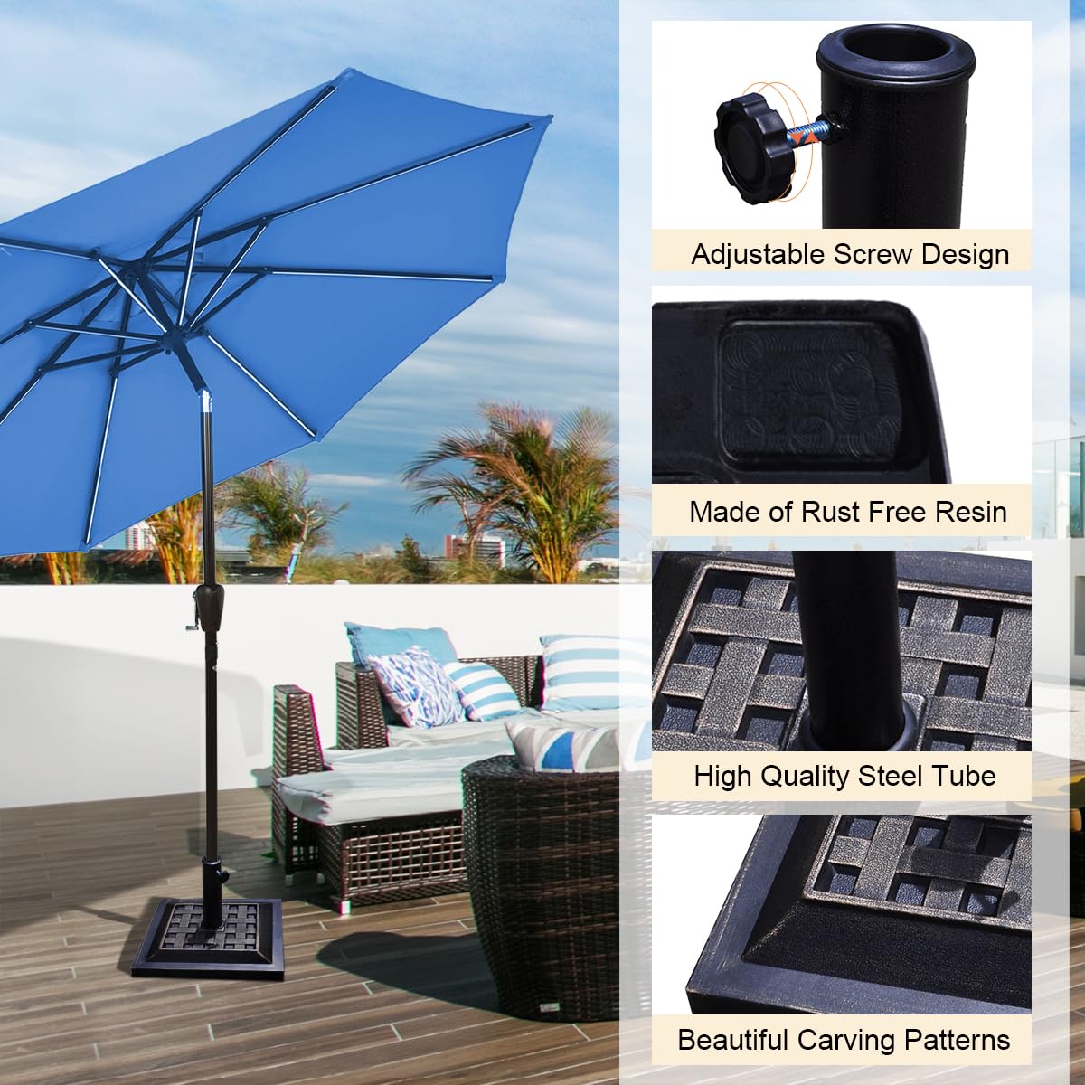 Base Per Ombrellone KOMFOTTEU 44x44 Cm, HDPE Con Riempimento Acqua/sabbia Fino A 40 Kg, Adatta A Pali 38-48 Mm, Per Esterno (nera)