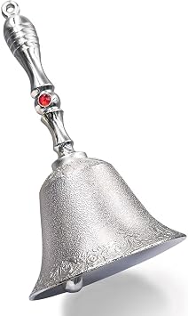 Hourwof Super Loud Hand Call Bell with Hole,3.1IN Vintage Metal Relief Hand Bell for Wedding,Meditation,Dinner,Christmas,Animal Training,Musical Teaching and Service,Silver