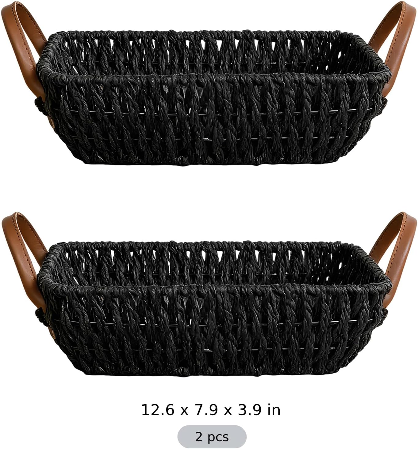 Wicker Storage Basket, Black Paper Rope Woven Bin with Leather Handles, 12.6 x 7.9 x 3.9 in, Decorative Organizer Baskets with Handles for Shelf, Table, Coffee Table