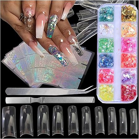 Amazon Com Clear French Nail Tips 500pc Acrylic Fake Nails Half Cover Artificial Nails 24 Sheet Holographic Nail Stickers Vinyls 12 Colors Iridescent Heart Glitter Sequins With Tweezers Nailtipsa Beauty Personal Care