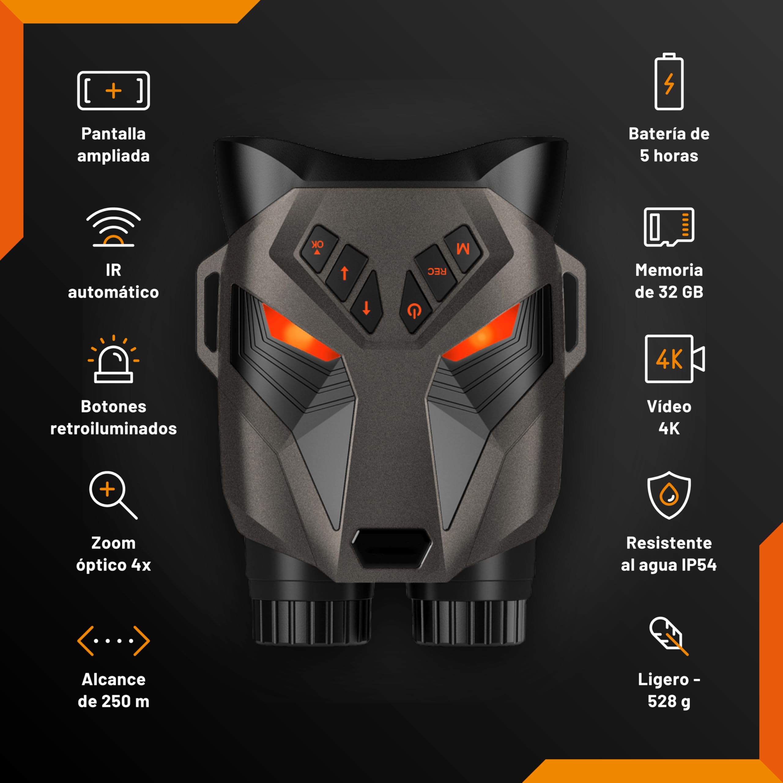 Nightfox Ember - Gafas de visión nocturna por infrarrojos, fáciles de usar, pantalla grande, zoom 4x, alcance de 250 m, video 4K, binoculares NVG para vida silvestre, camping